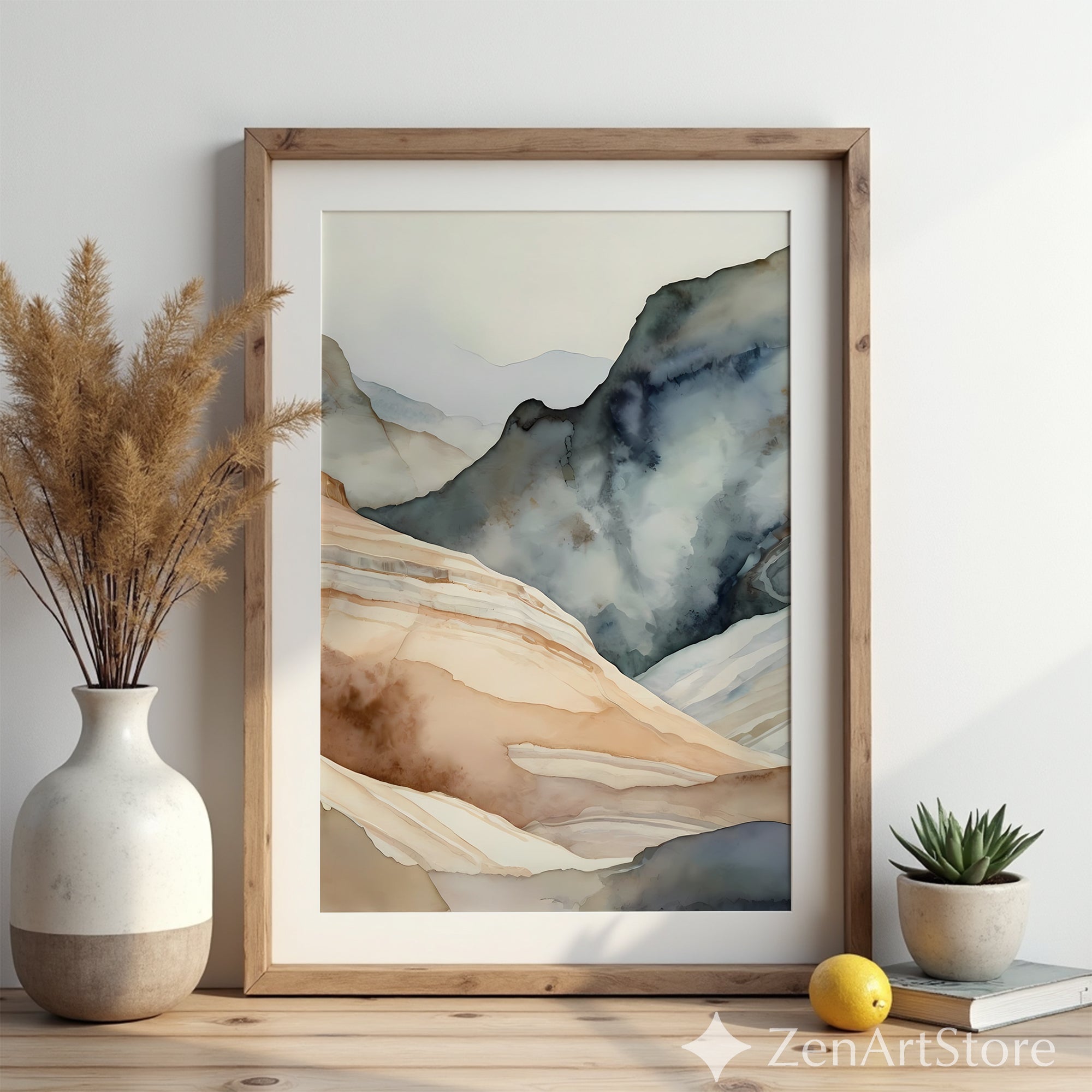 Abstract Neutral Mountain Wall Art - Japandi Watercolor Landscape Print, Minimal Beige & Blue Modern Home Decor