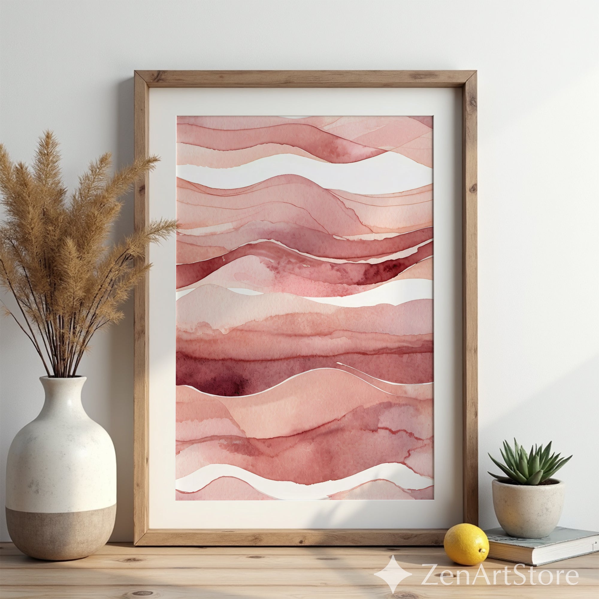 Blush Terracotta Watercolor Landscape Print - Abstract Pink Minimal Wall Art for Living Room, Bedroom, Nursery
