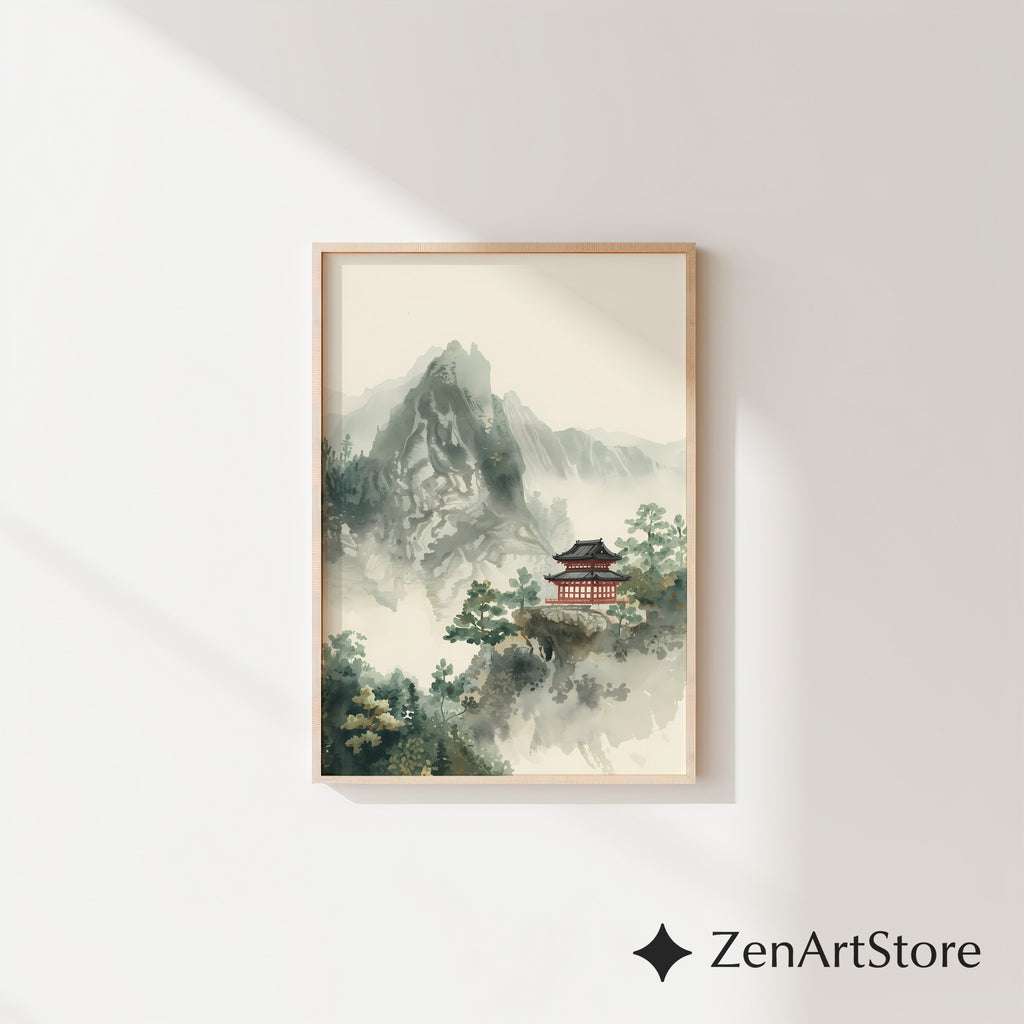 Zen Mountain Pagoda Art Print - Minimal Japanese Sumi-e Landscape, Japandi Wall Art for Calming Neutral Home Decor