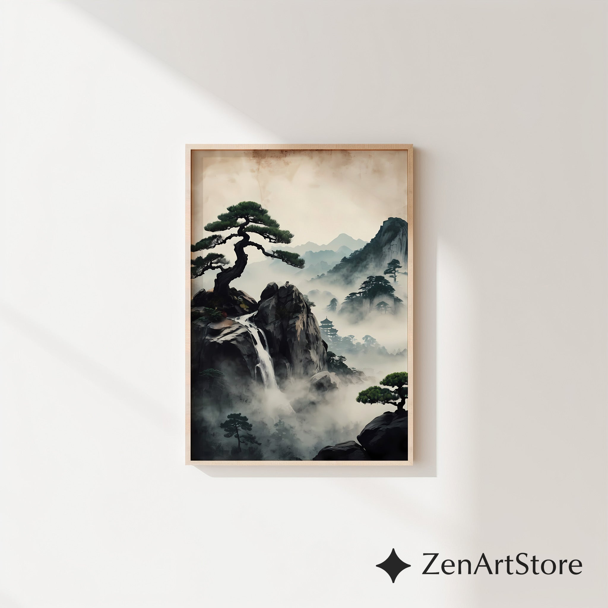 Zen Misty Mountain Landscape Print - Japanese Waterfall Bonsai Wall Art, Wabi Sabi Home Decor