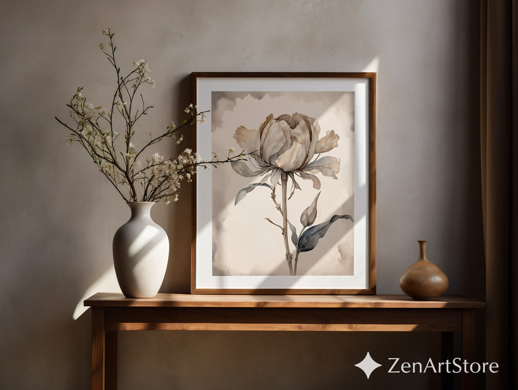 Neutral Peony Wall Art - Beige Botanical Watercolor Print, Japandi Minimal Flower Poster for Living Room & Bedroom
