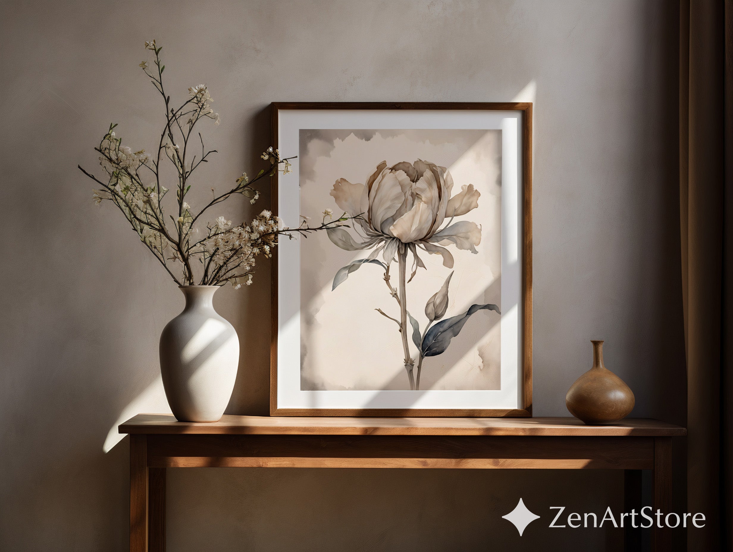 Neutral Peony Wall Art - Beige Botanical Watercolor Print, Japandi Minimal Flower Poster for Living Room & Bedroom