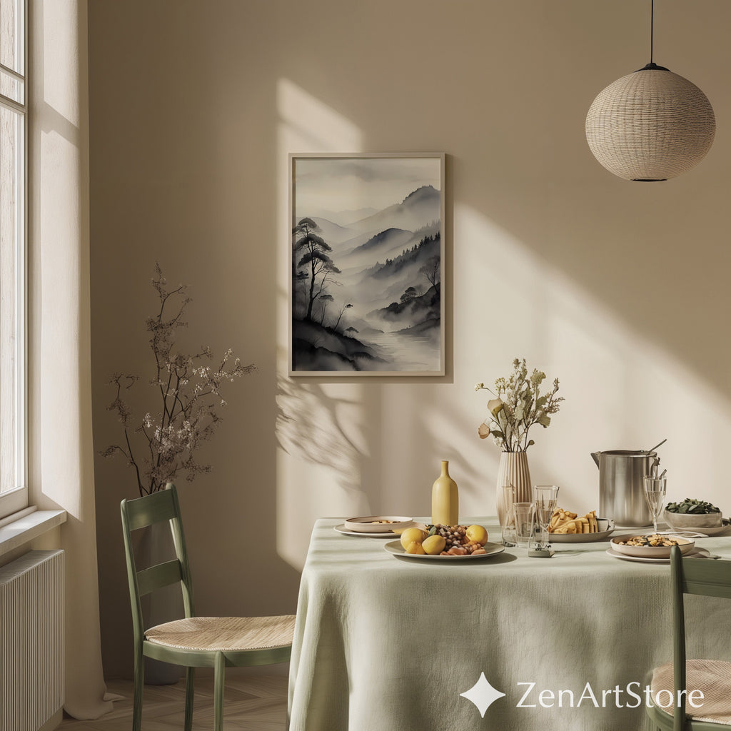 Misty Mountain Sumi-e Print - Minimal Zen Landscape Wall Art, Japandi Monochrome Canvas or Digital Download