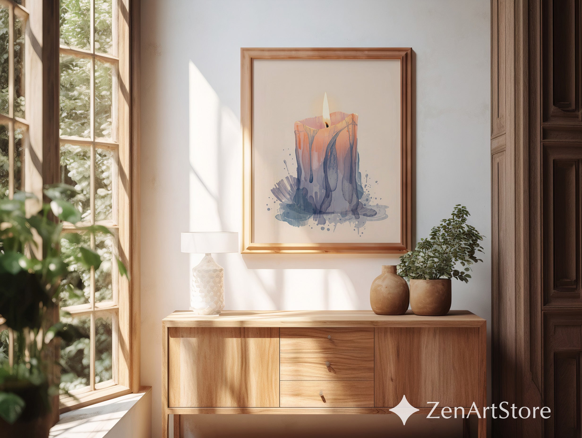 Melting Candle Minimal Art Print - Wabi Sabi Japandi Neutral Wall Decor, Beige Blue Abstract Candle Painting