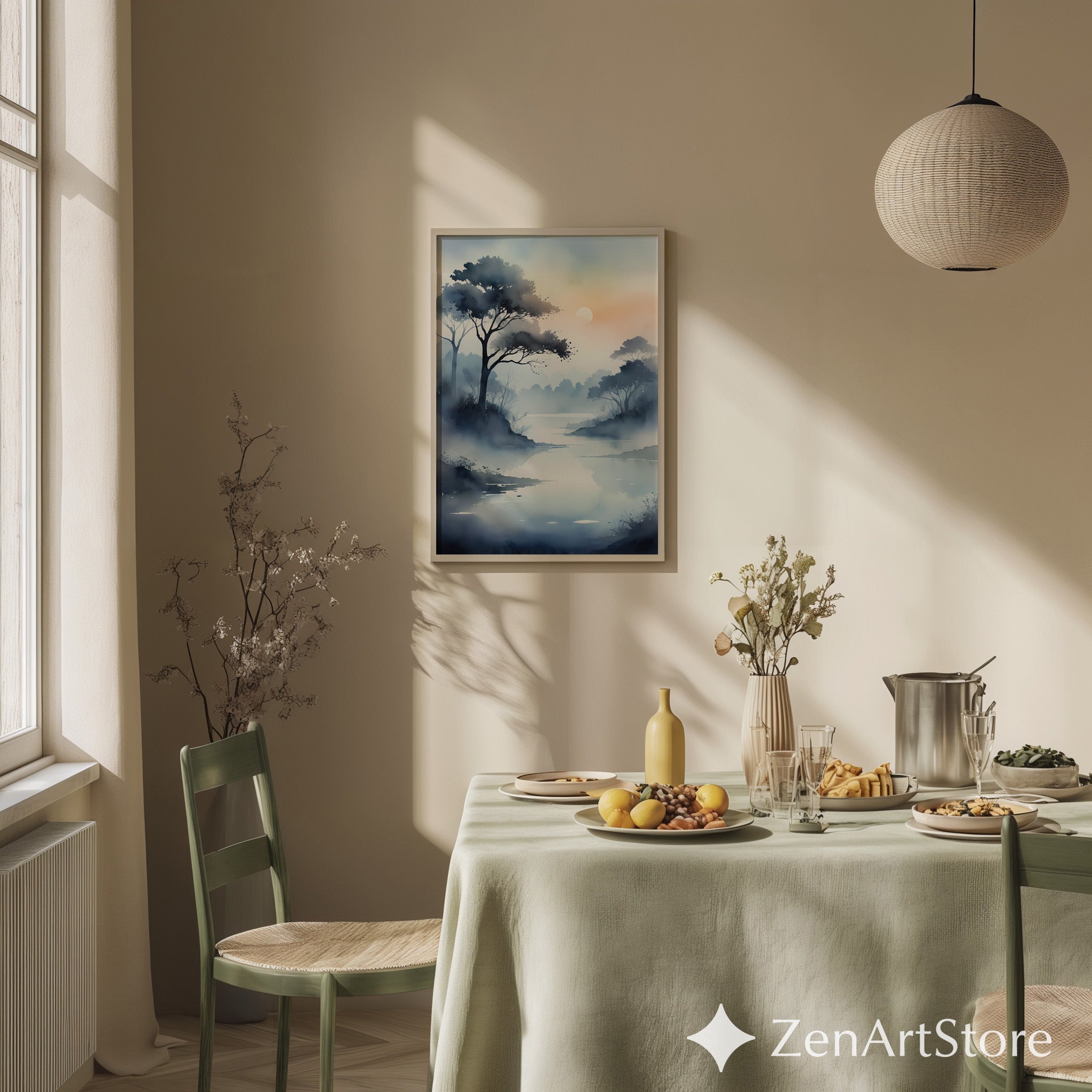 Misty Lake Sunrise Watercolor Print - Calm Zen Landscape Wall Art for Living Room, Bedroom, Japandi Minimalist Decor