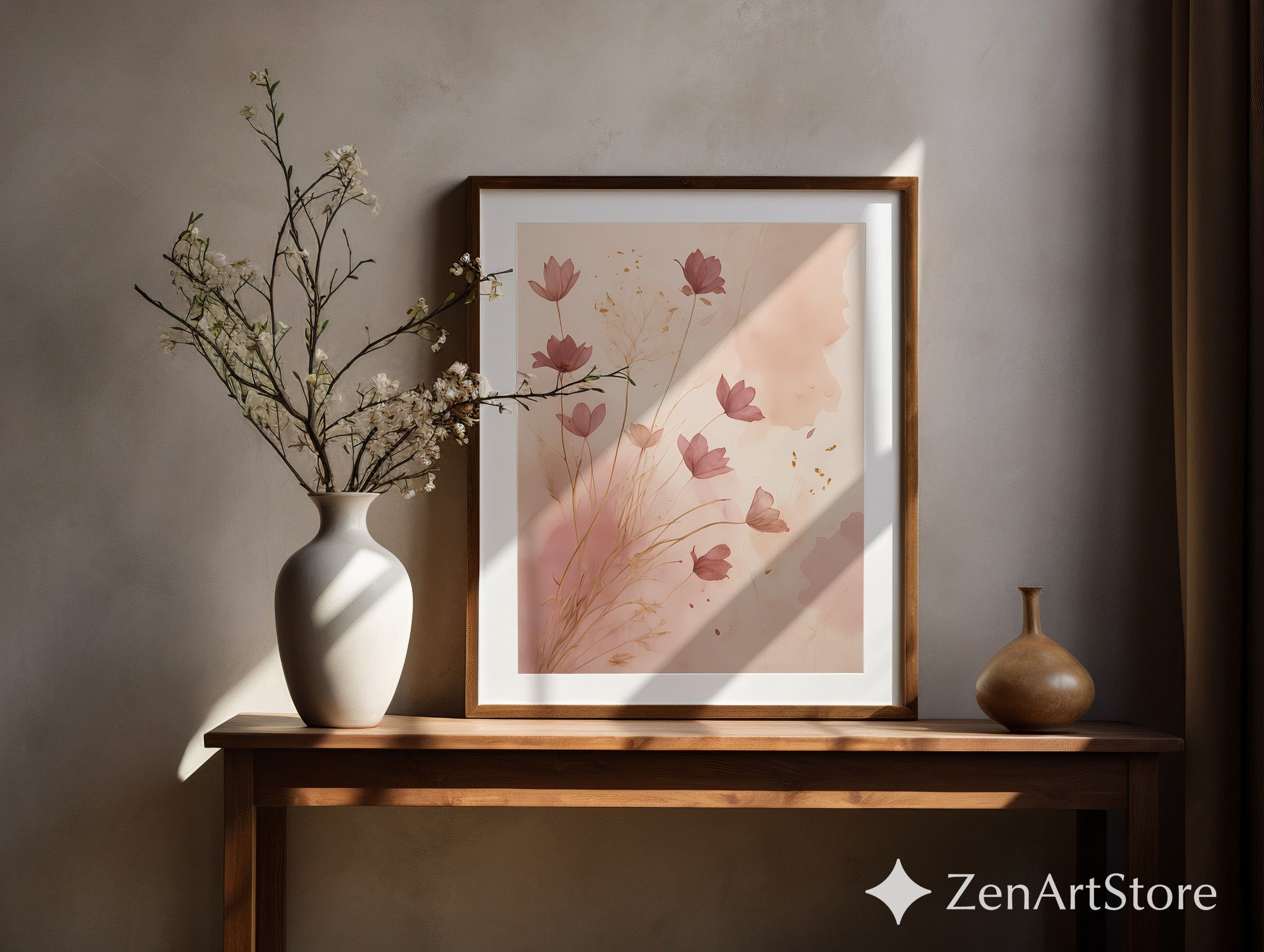 Blush Pink Floral Wall Art - Minimal Botanical Watercolor with Gold Accents | Japandi Wabi Sabi Neutral Decor