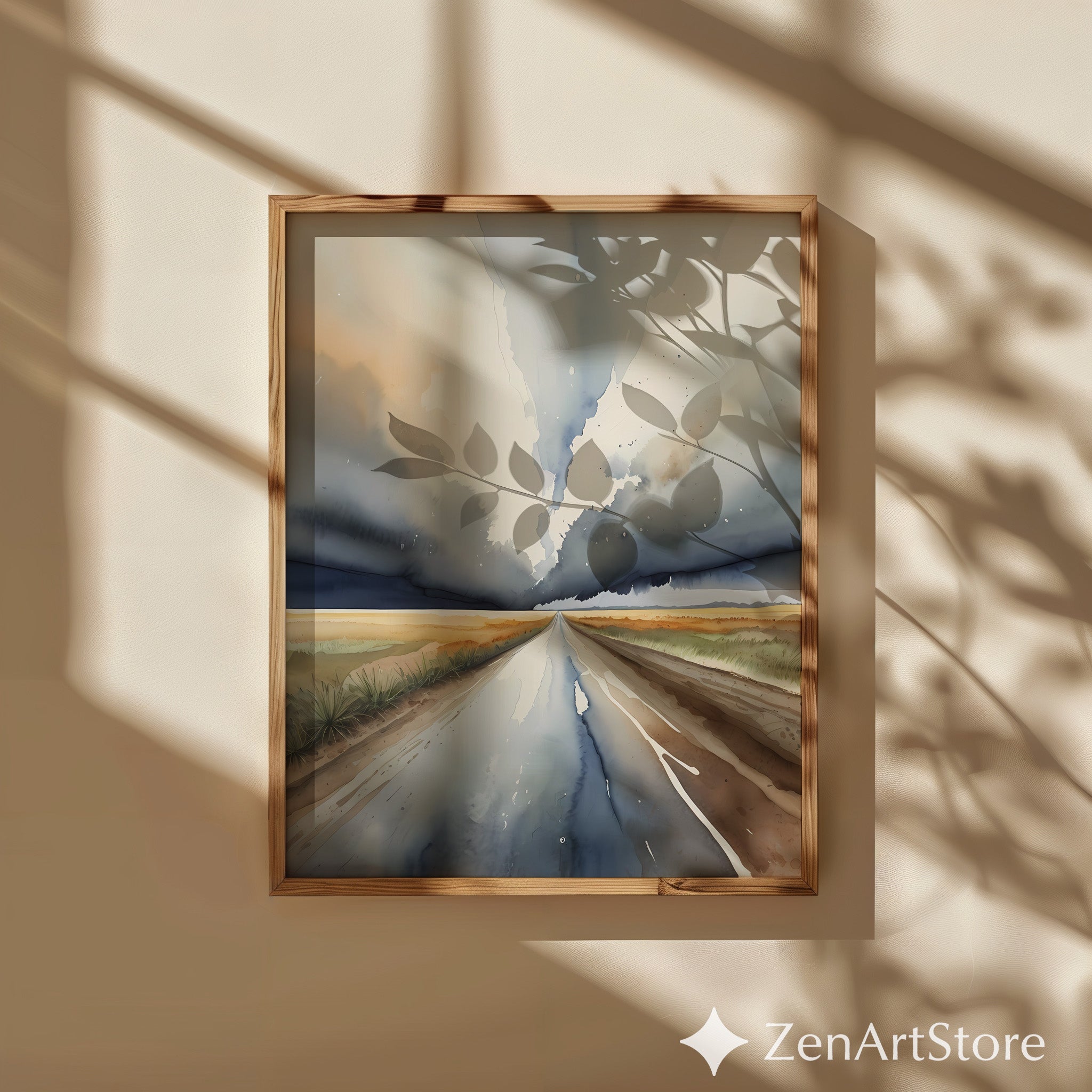 Dramatic Horizon Road Watercolor Print - Neutral Abstract Landscape Wall Art, Minimal Japandi Home Decor