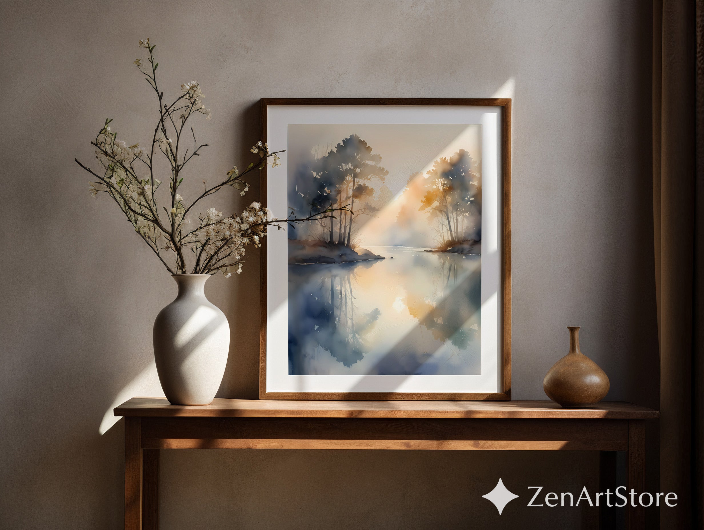 Misty Lake Sunrise Watercolor Print - Neutral Minimal Landscape Wall Art, Calm Japandi Scandinavian Home Decor