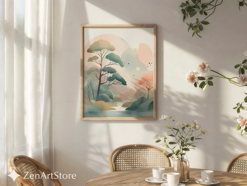 Serene Pastel Landscape Wall Art - Minimal Japandi Tree Print, Neutral Scandinavian Zen Botanical for Living Room & Bedroom