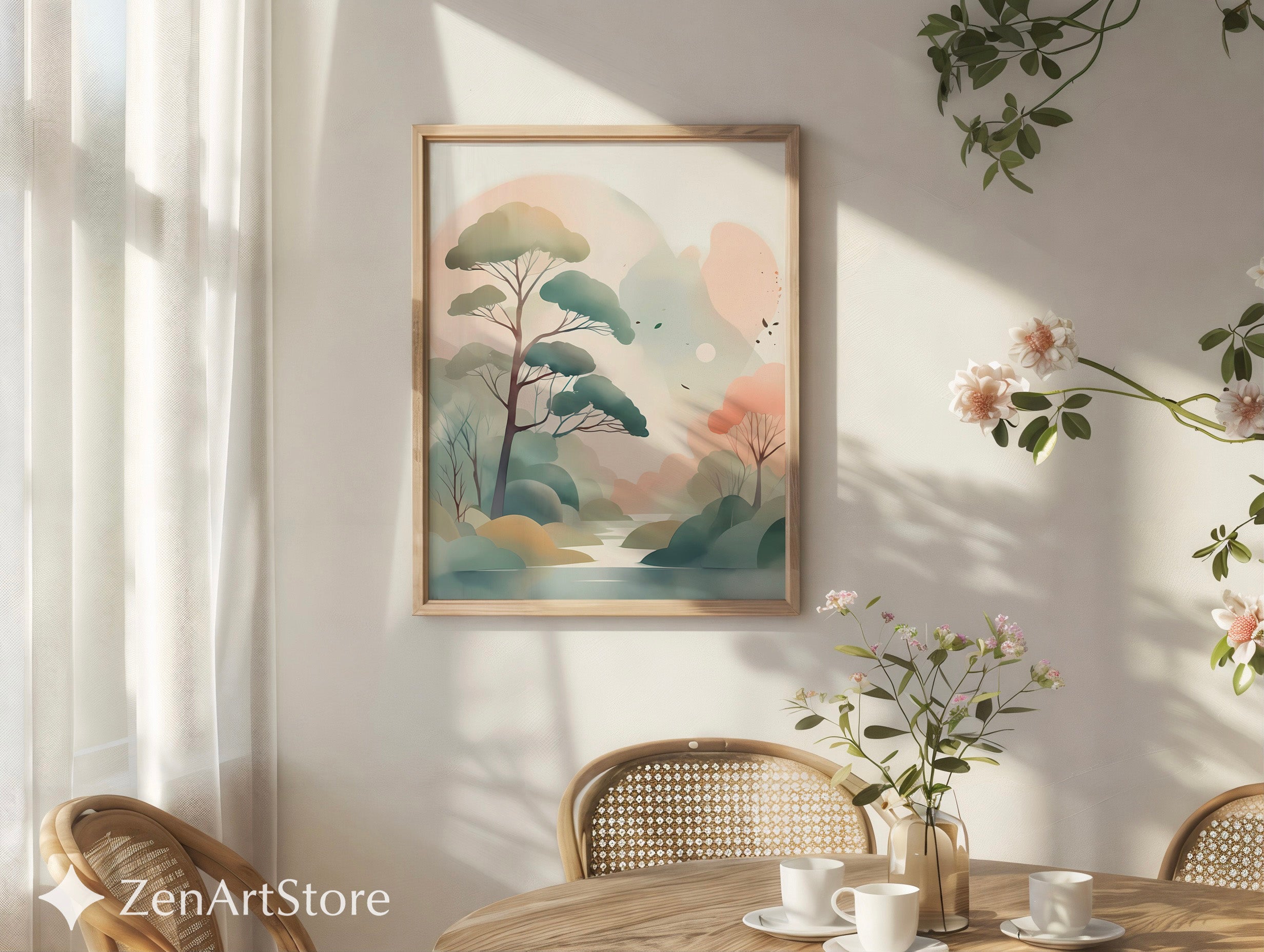 Serene Pastel Landscape Wall Art - Minimal Japandi Tree Print, Neutral Scandinavian Zen Botanical for Living Room & Bedroom