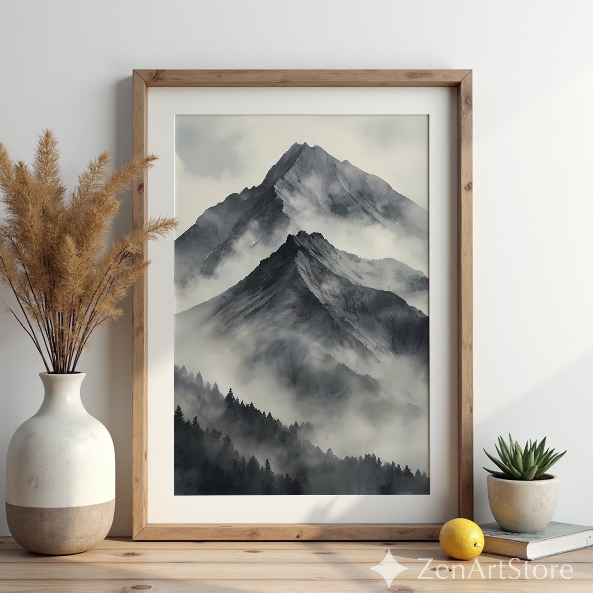 Misty Mountain Wall Art - Minimal Black & White Landscape Print, Japandi Scandinavian Neutral Mountain Decor for Living Room & Bedroom