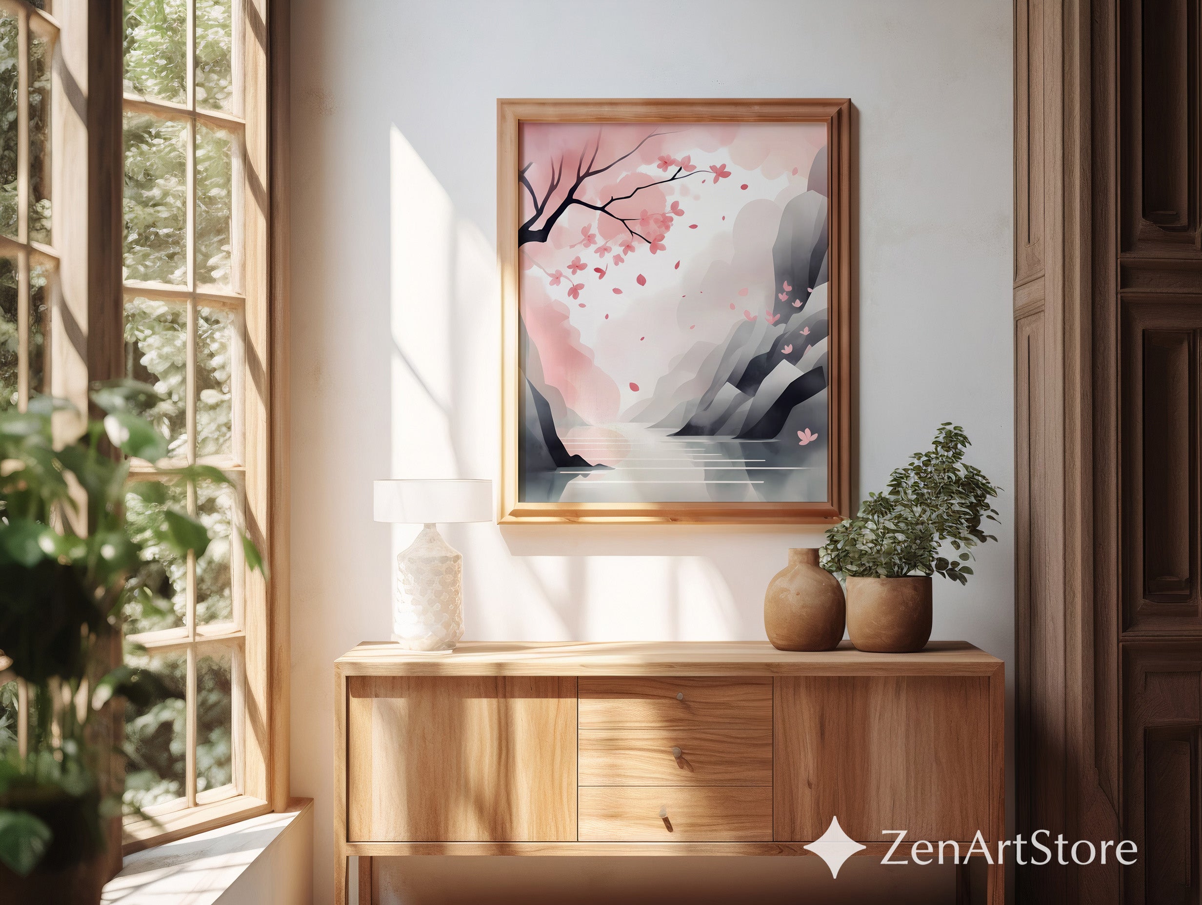 Cherry Blossom Landscape Print - Minimal Sakura Wall Art Pastel Pink Japandi Zen Print for Living Room Bedroom Nursery