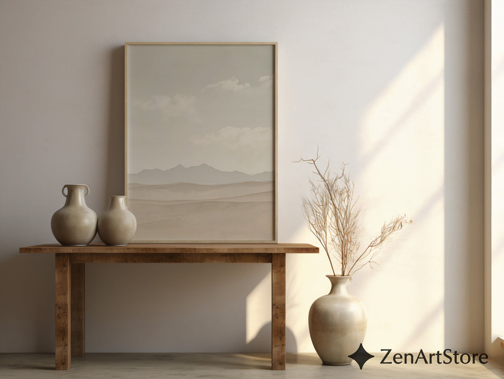 Neutral Desert Landscape Wall Art - Minimal Beige Mountain Print, Japandi Scandi Boho Home Decor