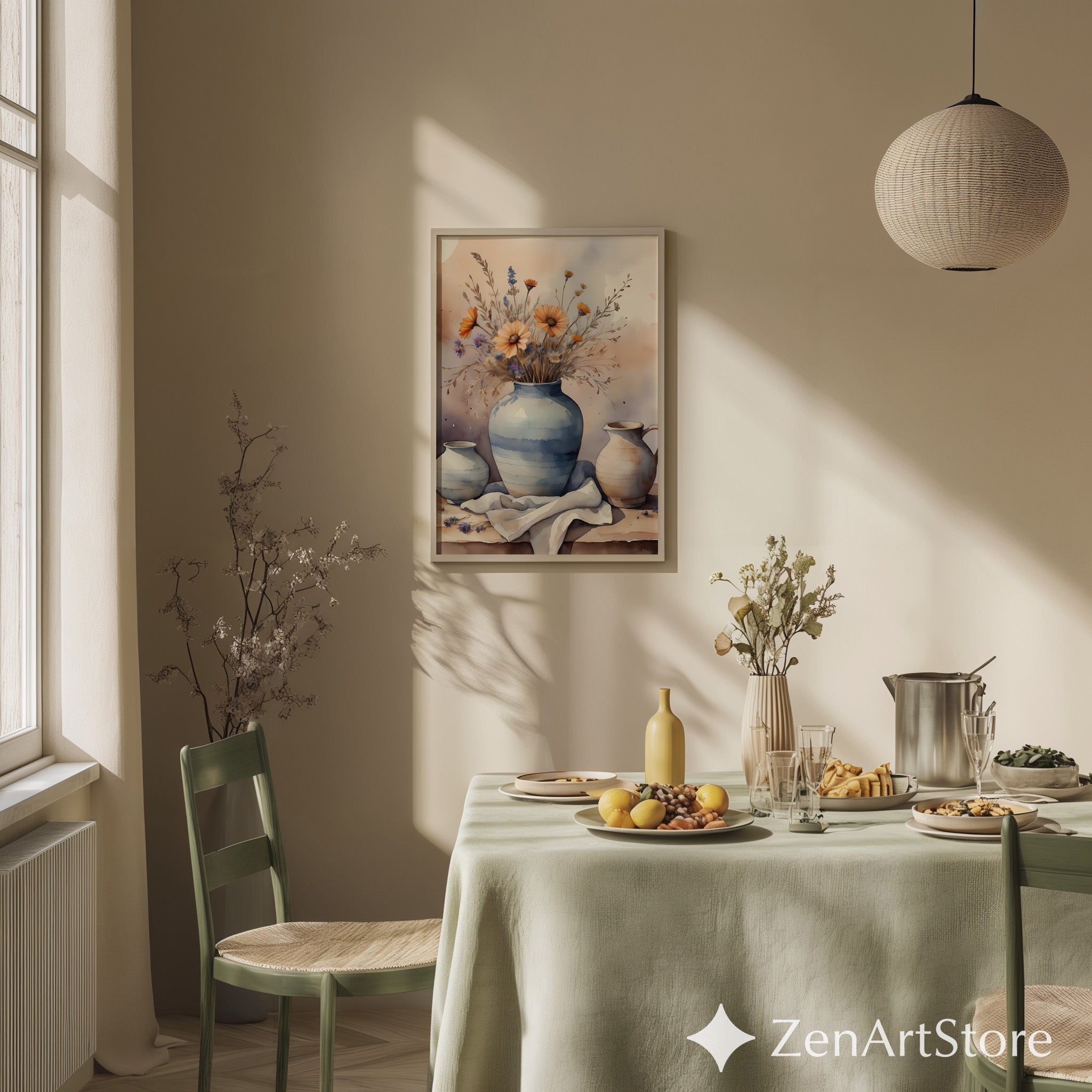 Watercolor Floral Vase Print - Neutral Still Life Wall Art for Living Room, Scandinavian Japandi Botanical Decor