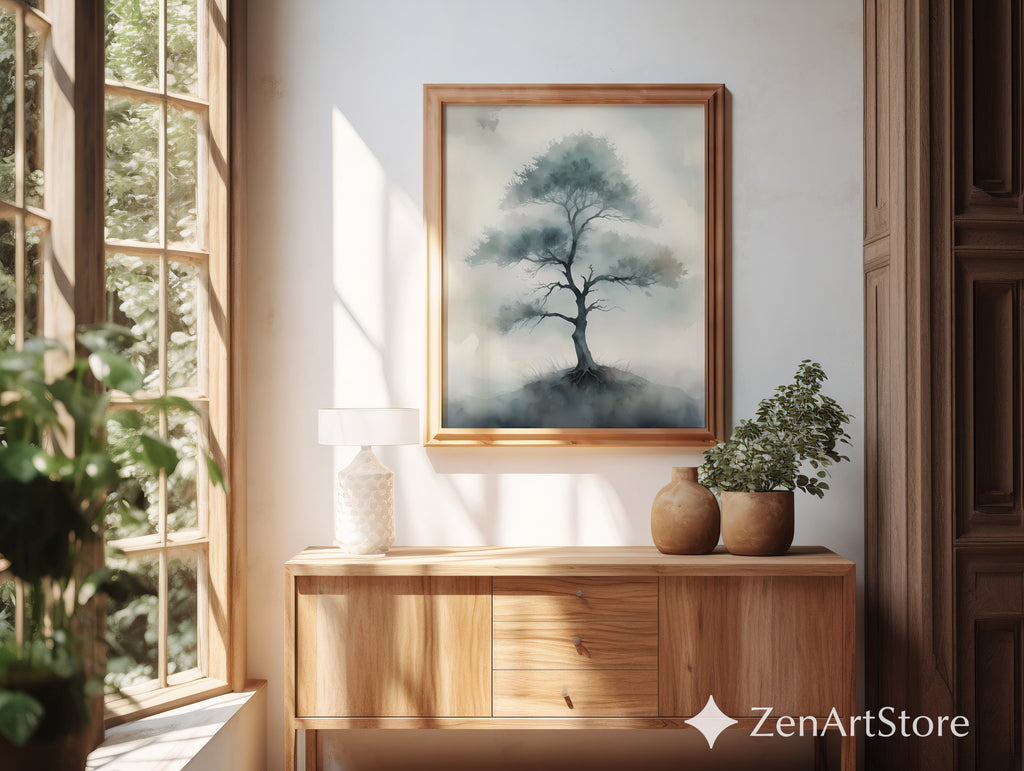 Misty Tree Watercolor Print - Minimal Zen Tree Wall Art, Japandi Neutral Botanical Canvas for Living Room & Bedroom