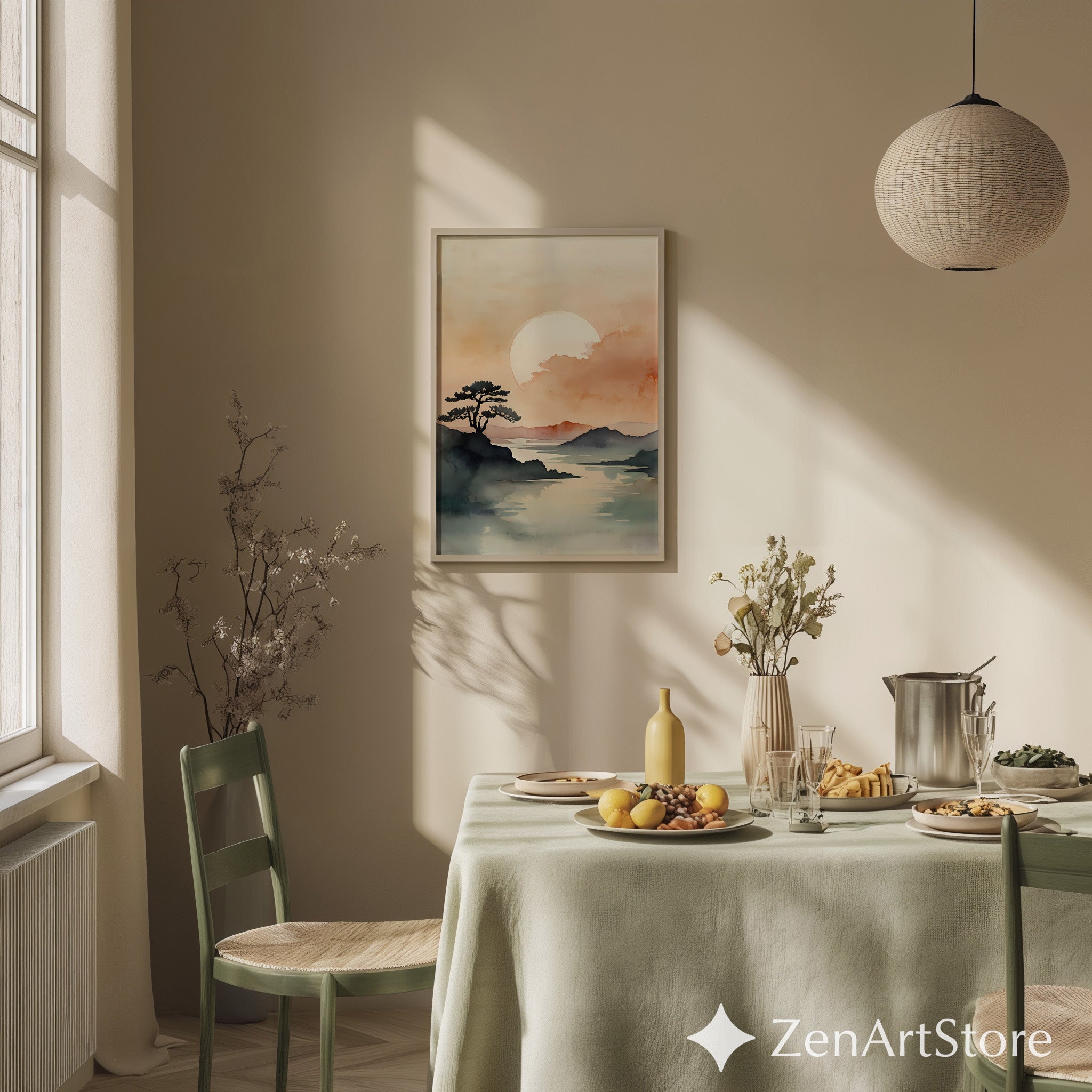 Zen Watercolor Landscape Print - Minimal Japandi Sunset Moon Wall Art, Calming Neutral Home Decor