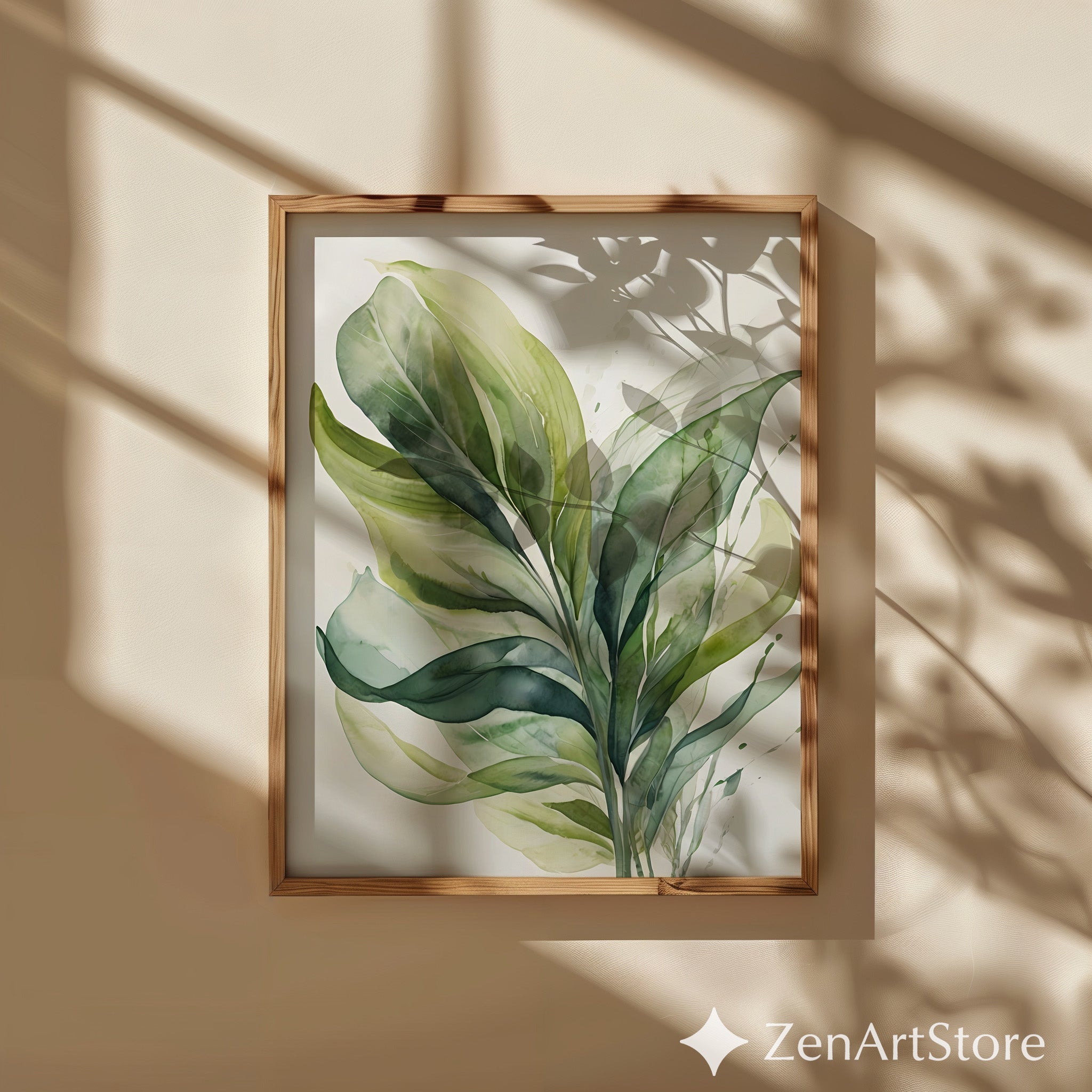 Green Leaf Watercolor Print - Minimal Botanical Wall Art for Japandi, Scandinavian Neutral Home Decor