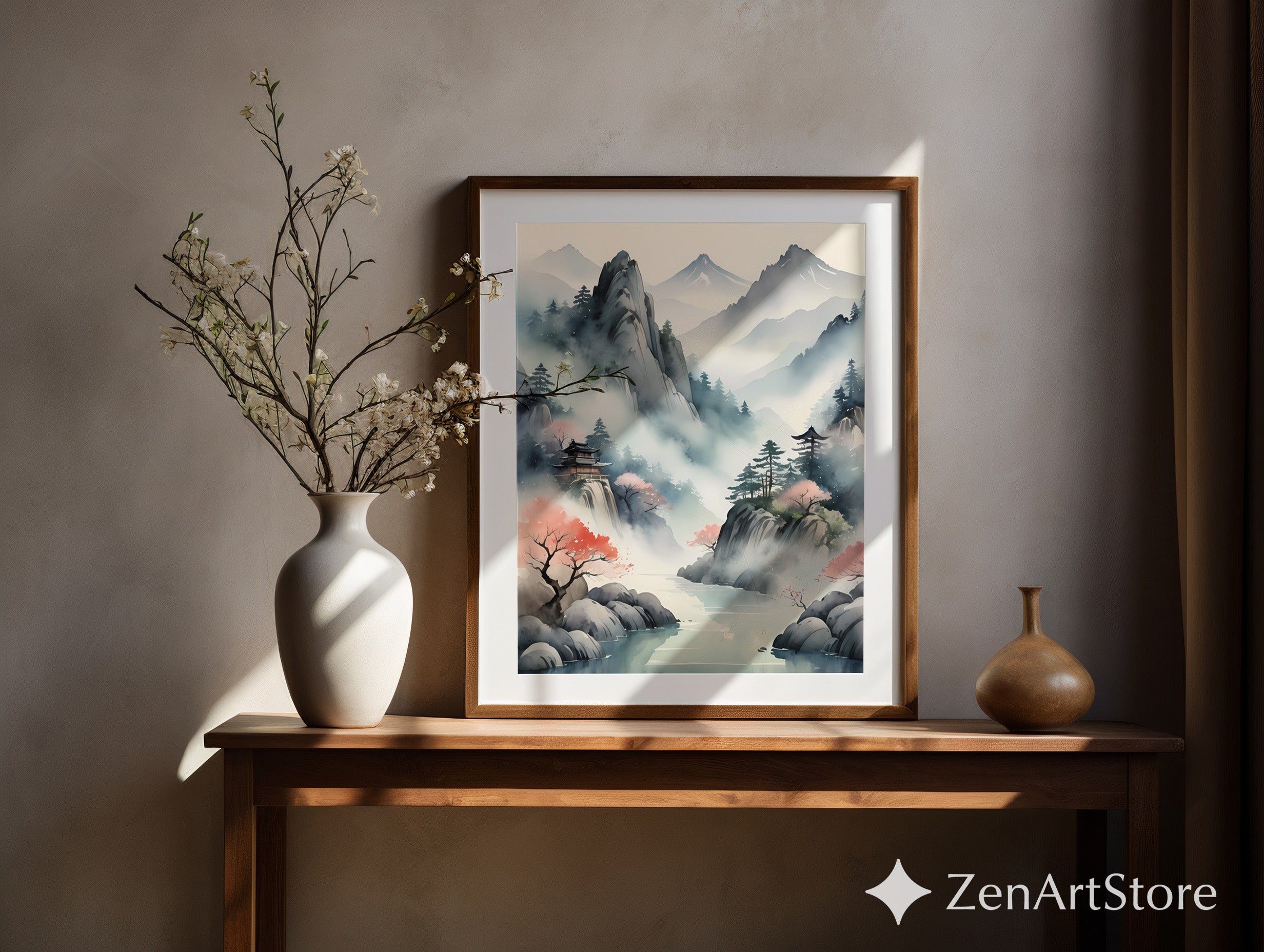 Misty Japanese Mountain Landscape Print - Zen Pagoda Sakura Watercolor Art for Japandi Wabi Sabi Home Decor