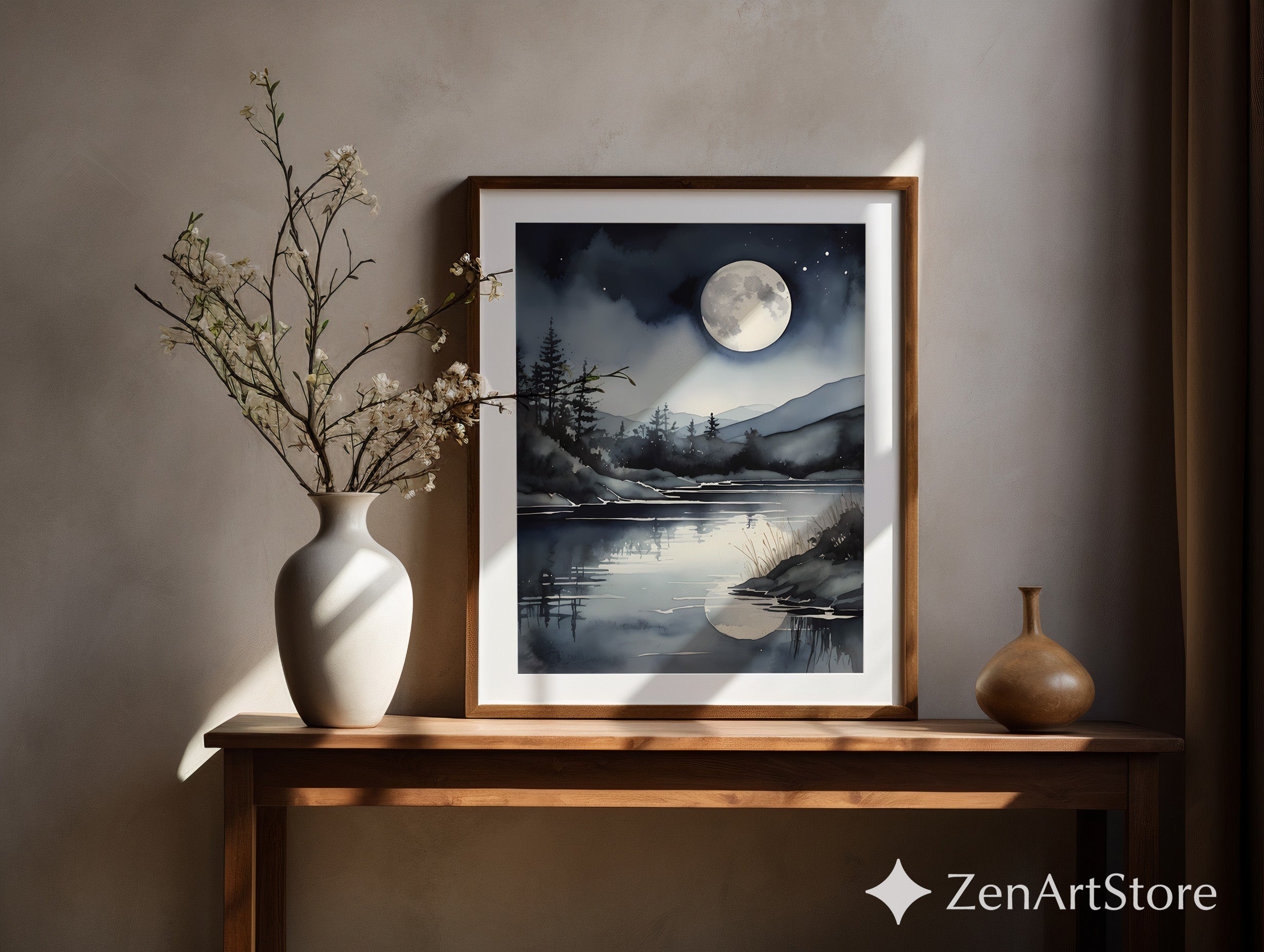Moonlight Lake Watercolor Print - Night Sky Reflection Wall Art, Minimal Scandinavian Moon Landscape for Bedroom