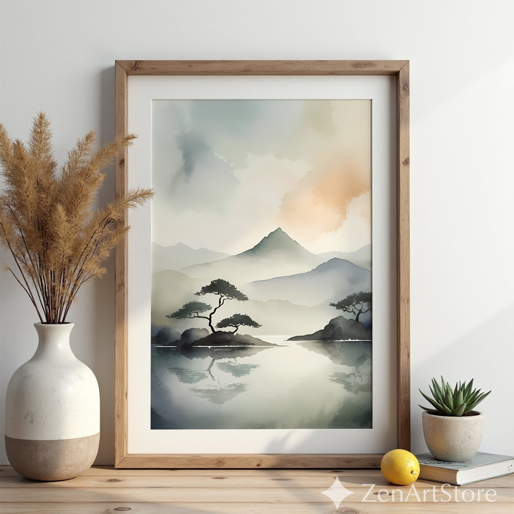 Zen Minimal Watercolor Mountain Print - Japandi Neutral Landscape Wall Art for Living Room