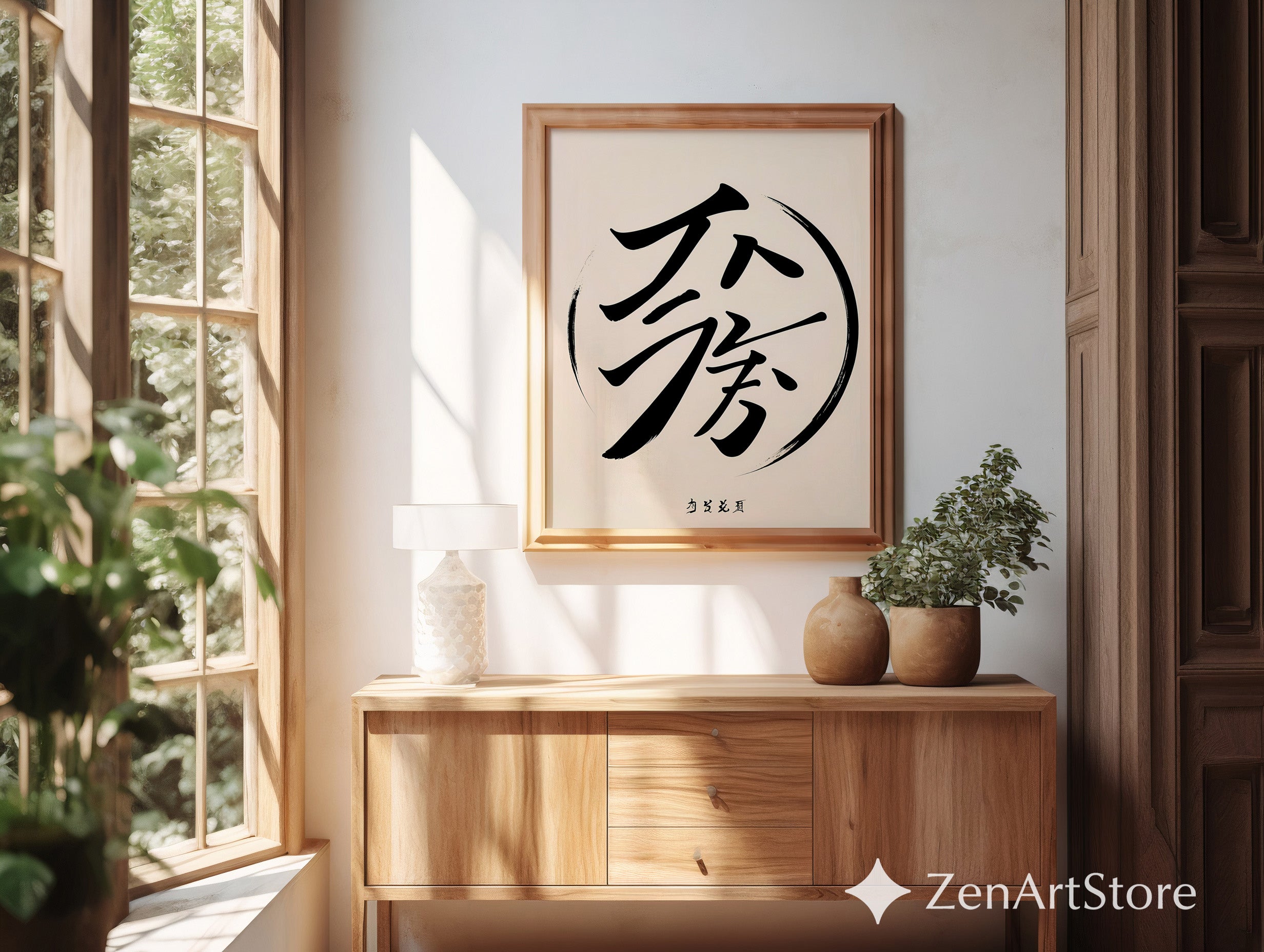 Minimalist Asian Calligraphy Wall Art - Zen Black Brush Stroke on Soft Beige - Japandi Wabi Sabi Modern Poster