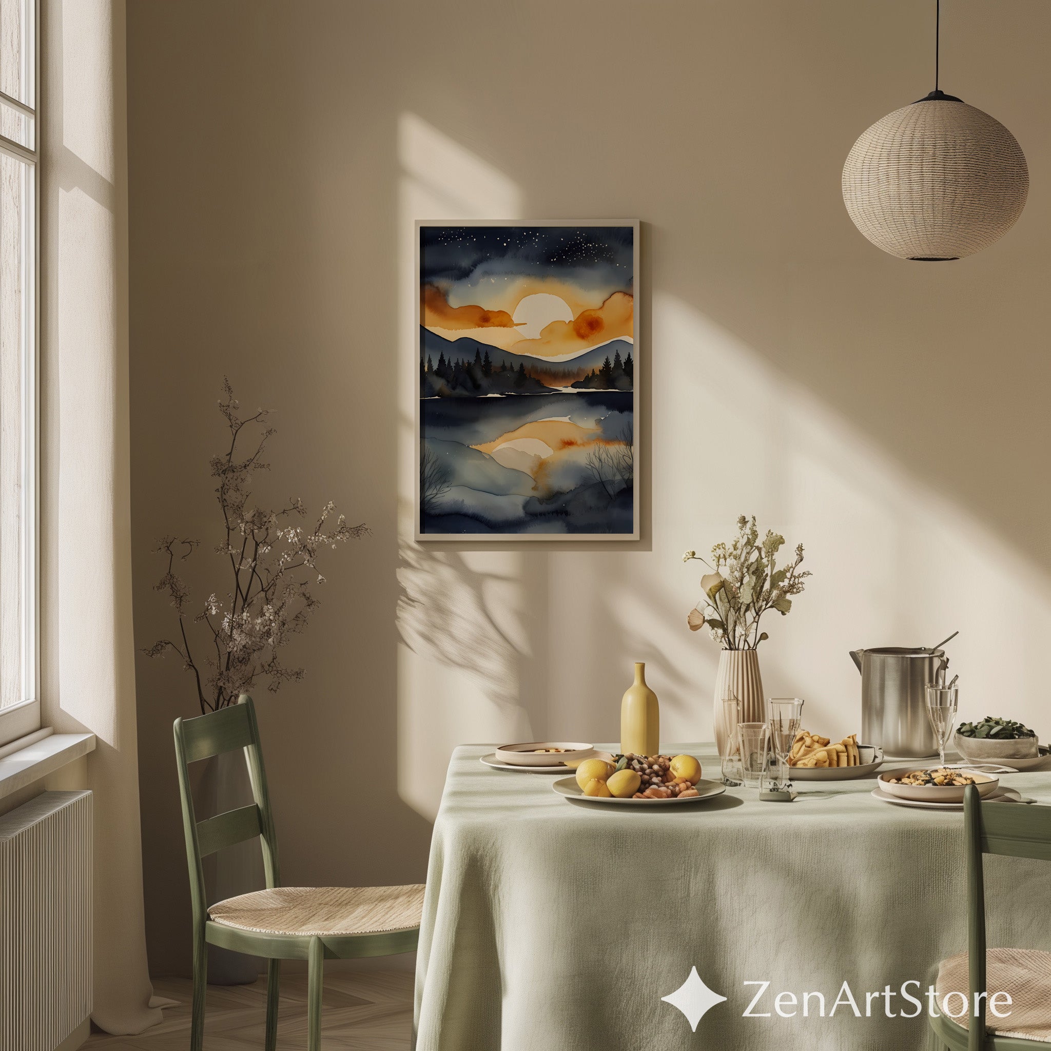 Serene Sunset Lake Watercolor Print - Moody Navy and Gold Mountain Landscape Wall Art