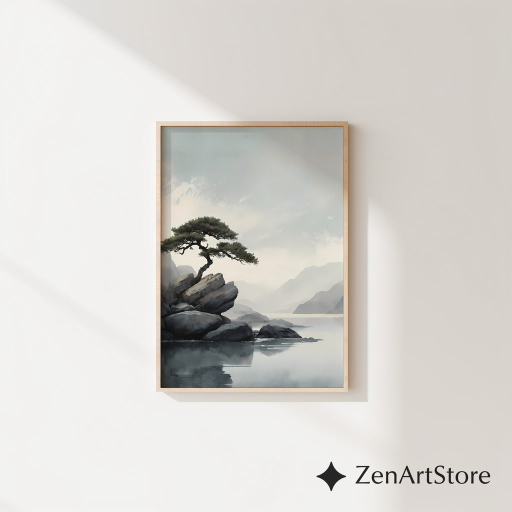 Zen Minimalist Landscape Print Lone Pine on Rocks - Japandi Scandinavian Wall Art Neutral Calm Home Decor
