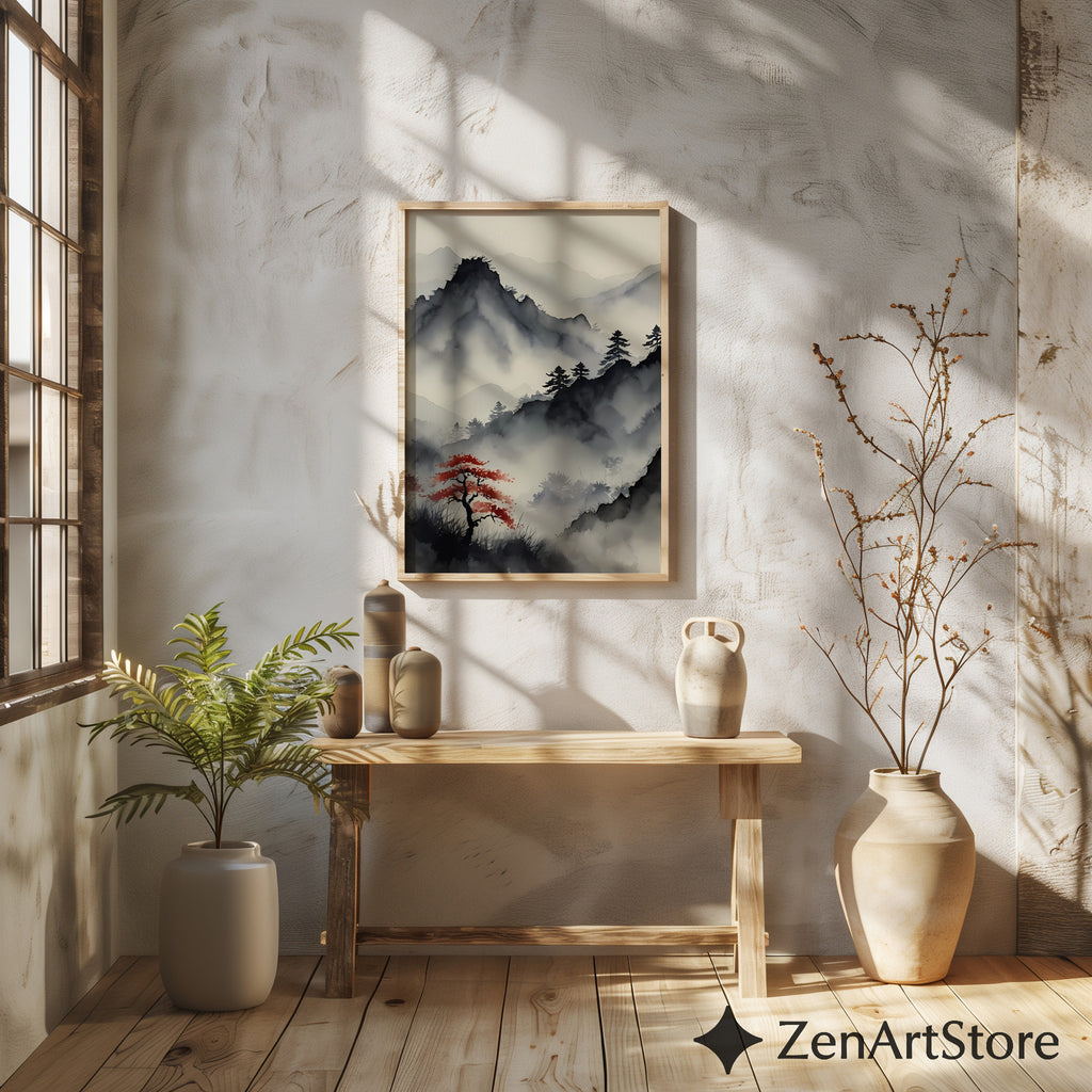 Misty Mountain Sumi-e Print with Red Maple – Zen Minimal Japandi Wall Art, Neutral Wabi-Sabi Landscape for Living Room