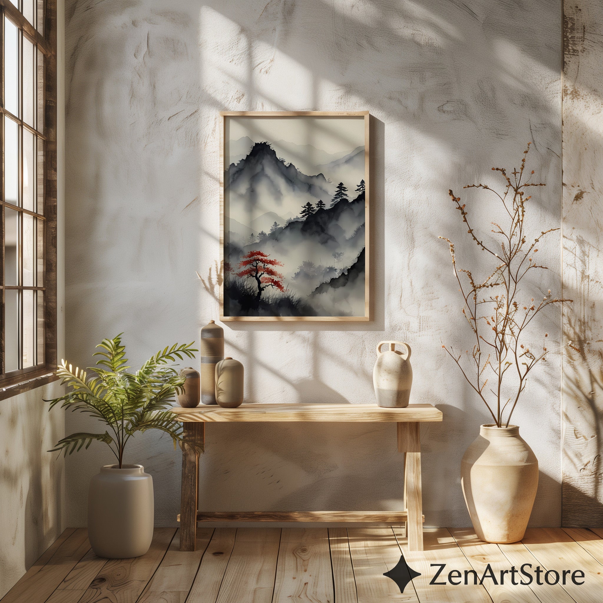 Misty Mountain Sumi-e Print with Red Maple – Zen Minimal Japandi Wall Art, Neutral Wabi-Sabi Landscape for Living Room