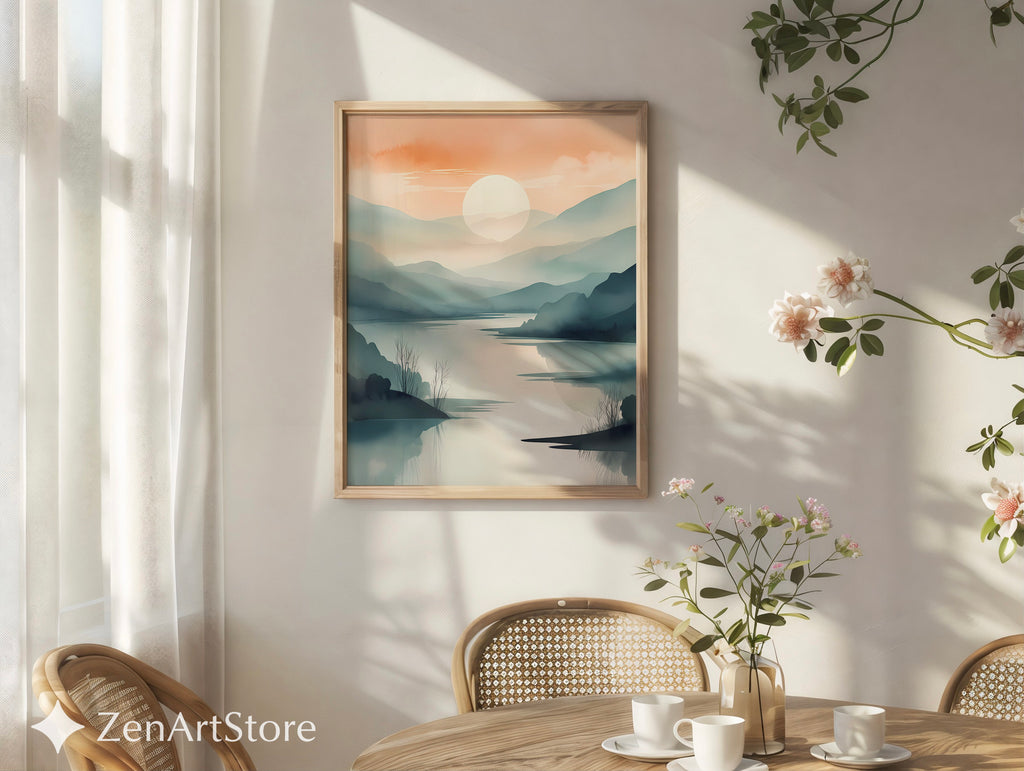 Sunrise Mist Landscape Print – Minimal Japandi Zen Wall Art, Neutral Mountain Lake Poster for Living Room