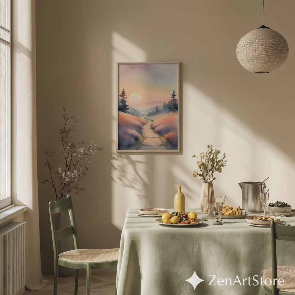 Misty Pastel Sunrise Landscape Print — Serene Pathway Wall Art for Zen, Japandi & Minimal Home Decor