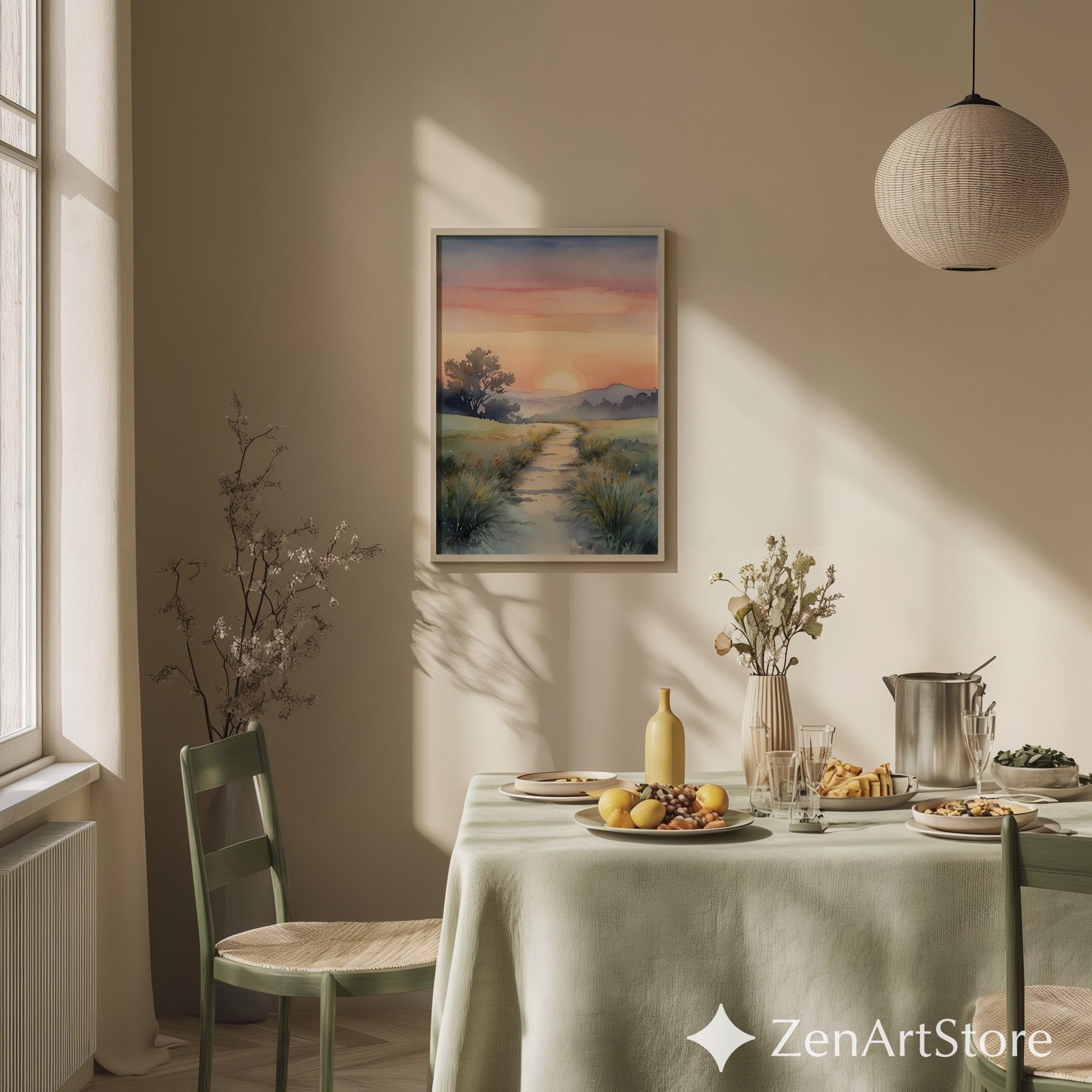 Serene Watercolor Sunrise Path Landscape Print - Calming Neutral Wall Art for Living Room, Japandi Minimal Decor
