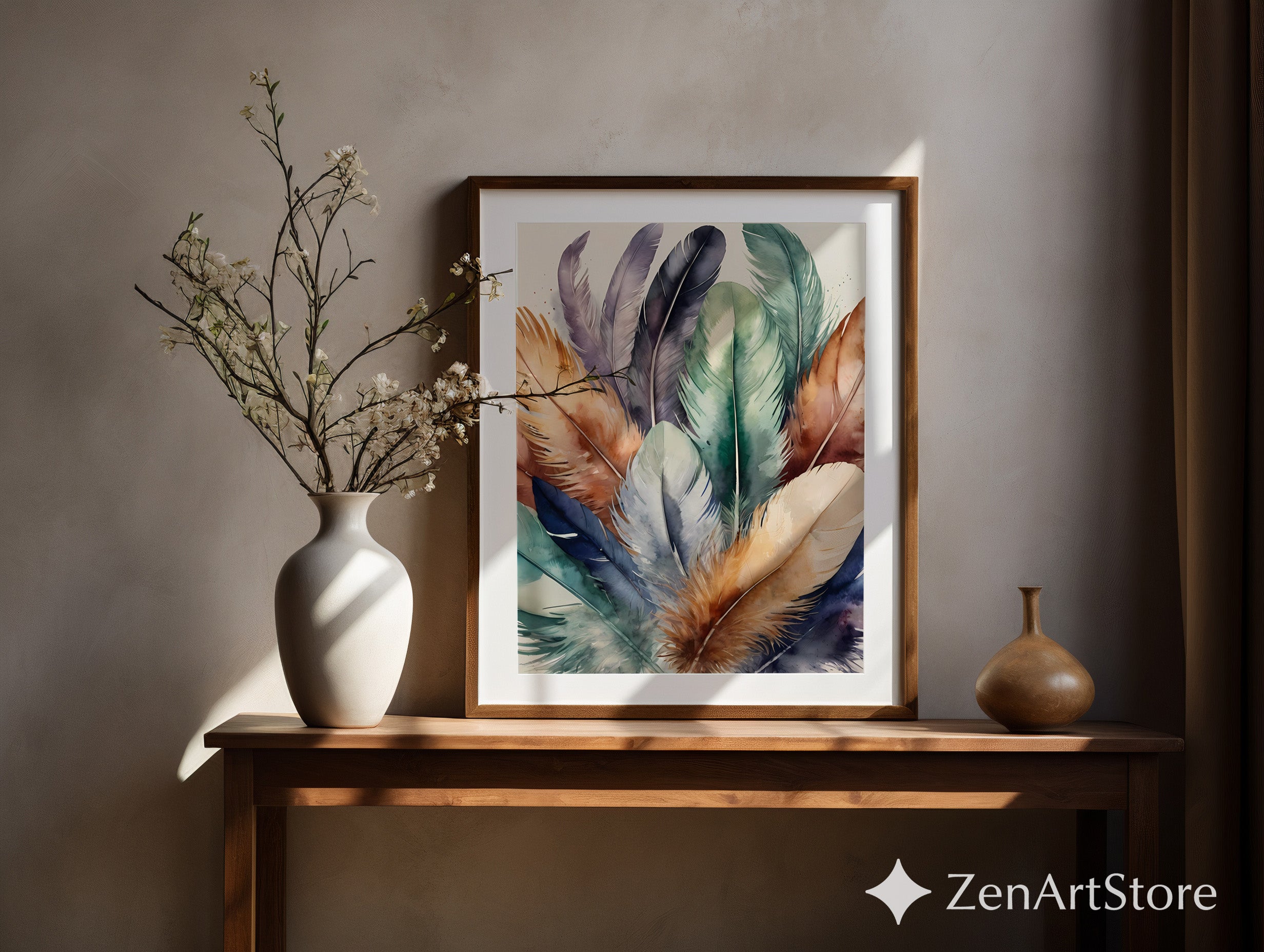 Watercolor Feather Wall Art Print - Boho Teal Green & Warm Brown Feather Illustration for Living Room, Bedroom, Nursery, Japandi Home Decor