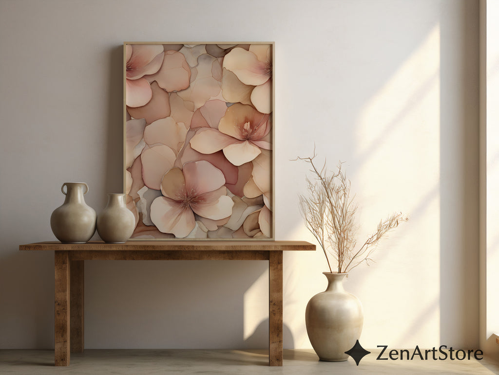 Blush Neutral Floral Wall Art - Soft Peach Botanical Print, Minimal Japandi Canvas for Living Room & Bedroom