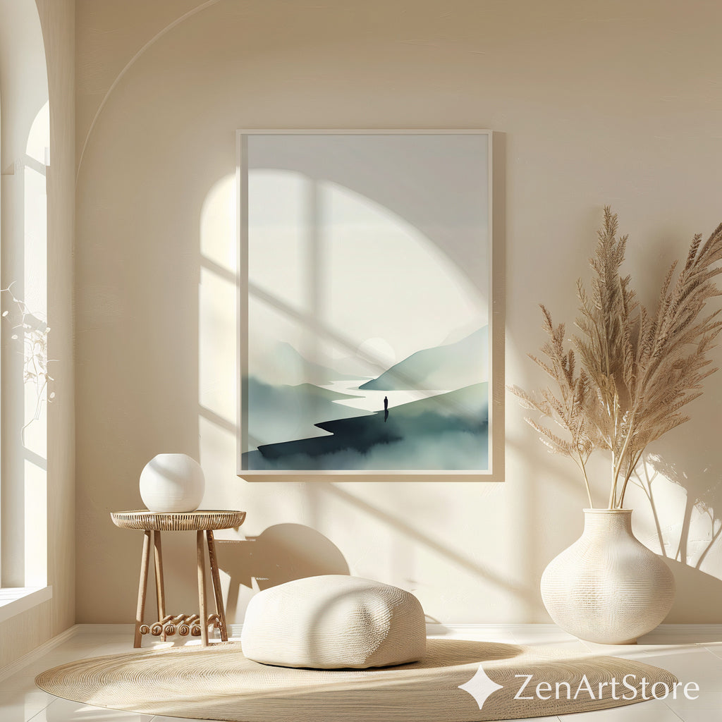 Minimalist Mountain Print - Zen Landscape Wall Art, Japandi Neutral Sun & River, Scandinavian Calm Home Decor