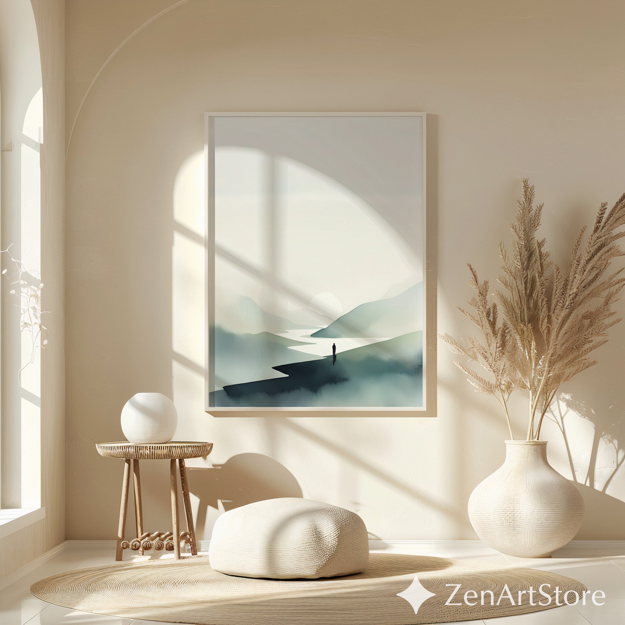 Minimalist Mountain Print - Zen Landscape Wall Art, Japandi Neutral Sun & River, Scandinavian Calm Home Decor