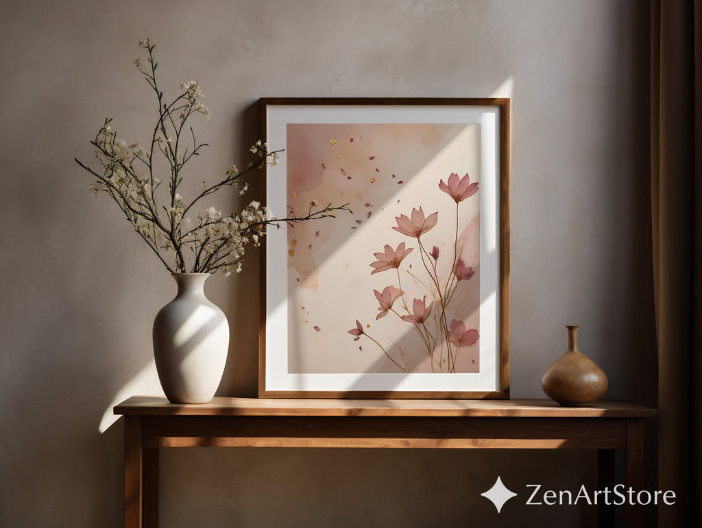 Blush Floral Wall Art Print - Minimal Botanical Line Art, Neutral Japandi Home Decor, Pink Beige Abstract Flower Poster