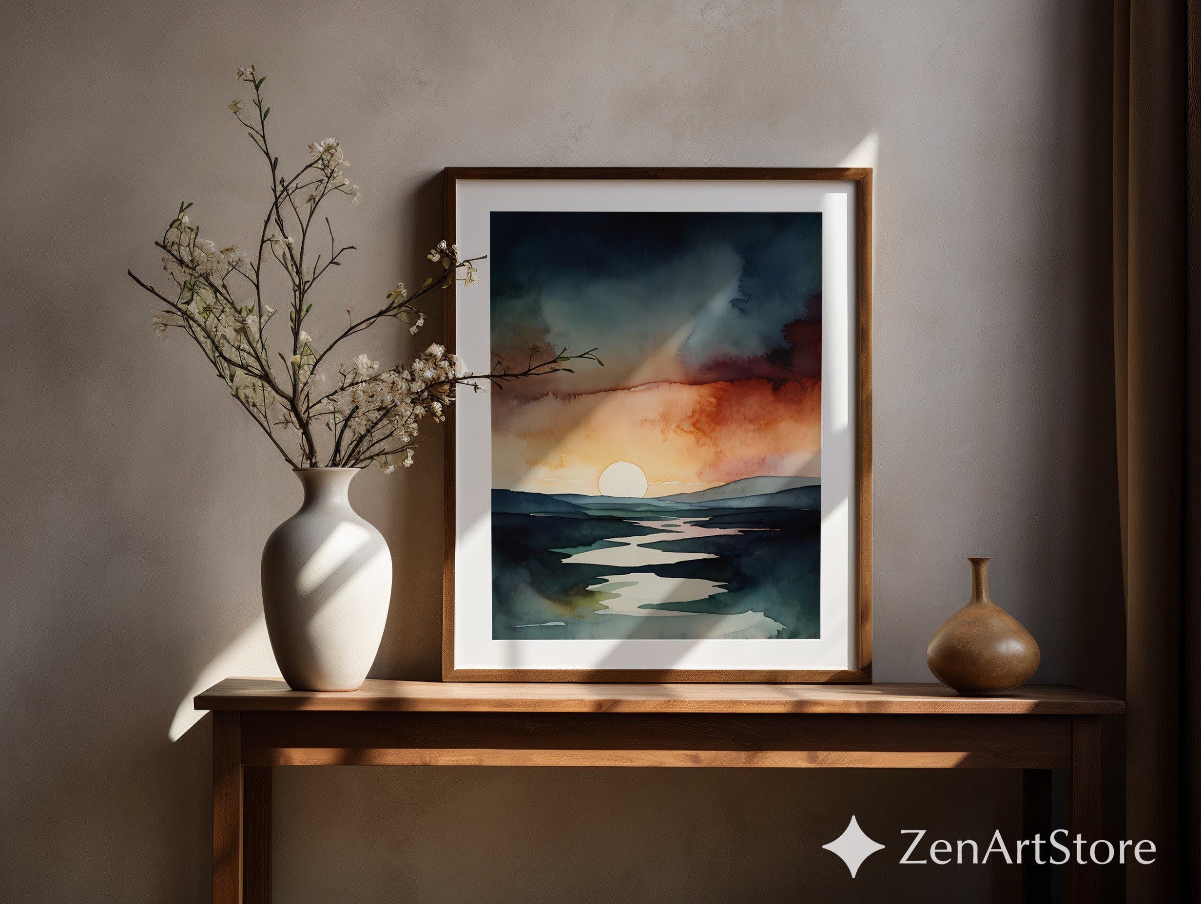 Abstract Watercolor Sunset Landscape Print - Minimal Modern Wall Art, Neutral Zen Sunrise Decor for Living Room & Bedroom