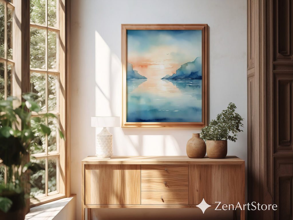Calm Coastal Sunset Watercolor Print - Minimal Seascape Wall Art, Zen Japandi Blue Peach Ocean Landscape