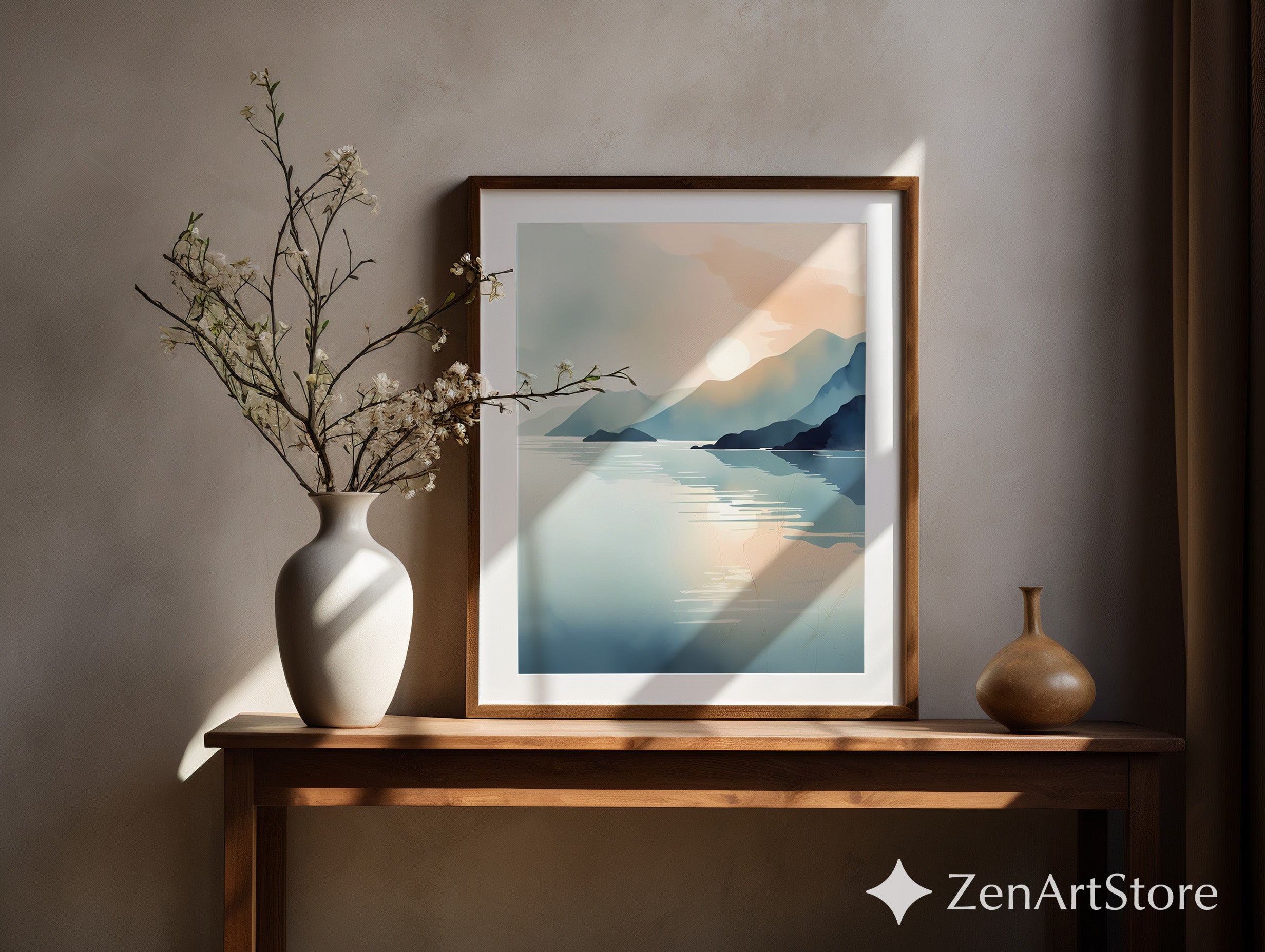 Minimalist Mountain Lake Sunrise Wall Art - Calming Japandi Landscape Print in Neutral Blue & Beige