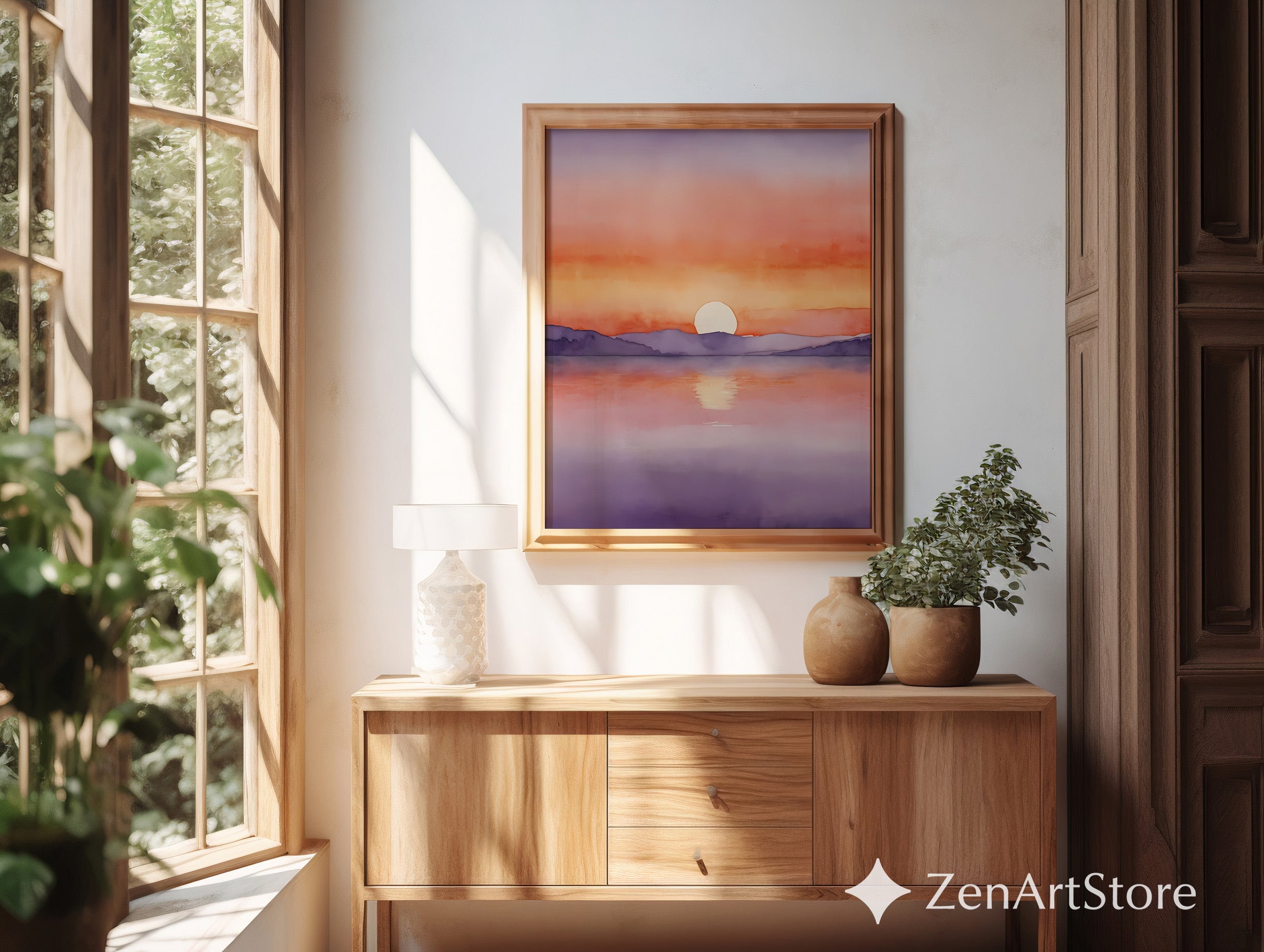 Sunset Watercolor Landscape Print - Minimal Sunrise Art for Japandi & Scandinavian Calming Wall Decor