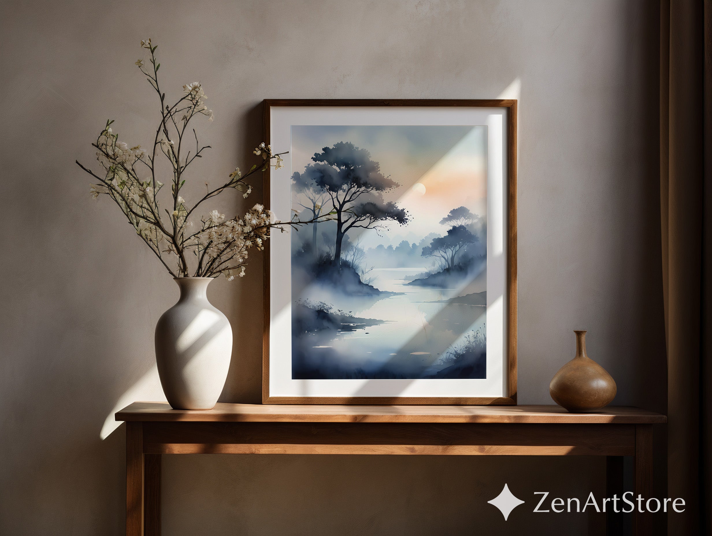 Misty Lake Sunrise Watercolor Print - Calm Zen Landscape Wall Art for Living Room, Bedroom, Japandi Minimalist Decor