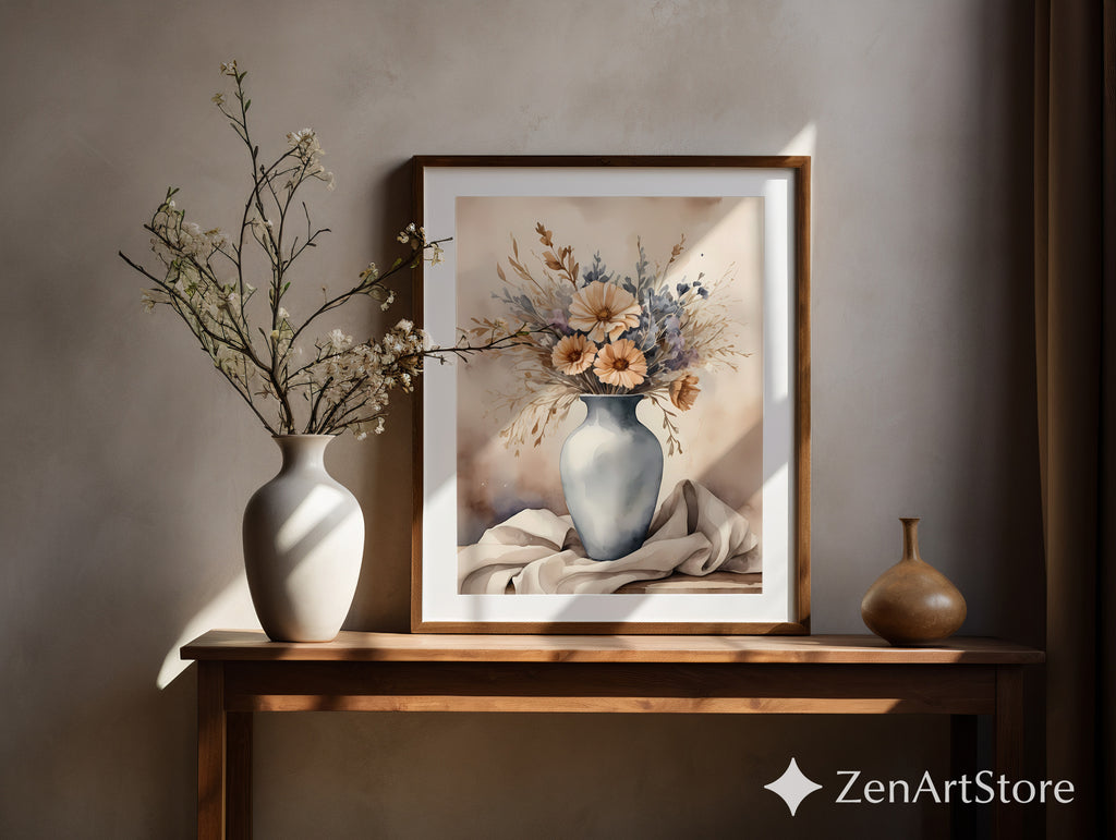 Neutral Floral Vase Art Print - Japandi Wabi Sabi Beige Botanical Wall Decor, Minimal Scandinavian Home Accent