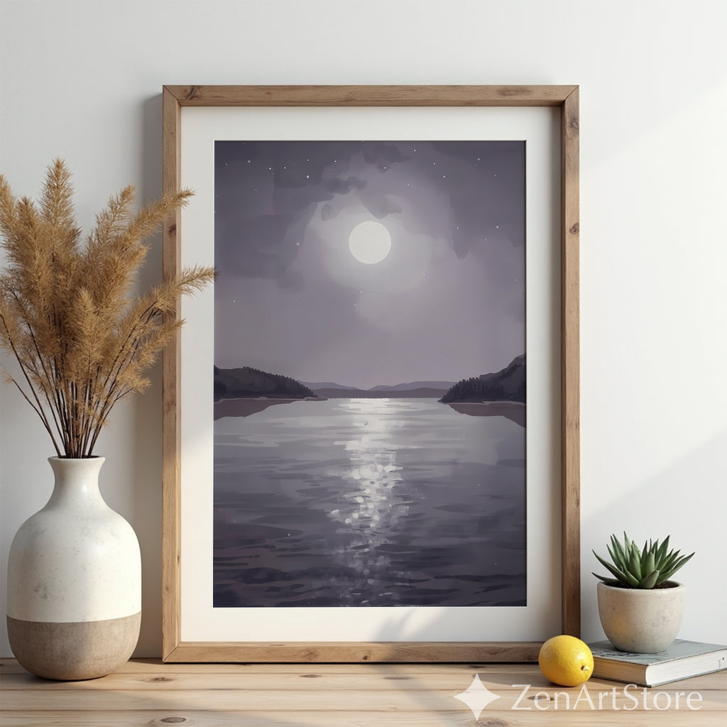 Moonlit Lake Minimalist Wall Art - Calming Neutral Landscape Print for Bedroom, Living Room, Japandi & Scandinavian Decor