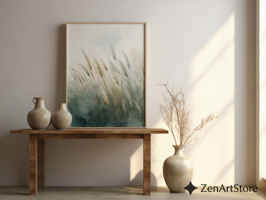Pampas Grass Wall Art Print – Neutral Botanical Minimalist Canvas, Calm Teal Beige Landscape for Living Room, Bedroom, Japandi Home Decor