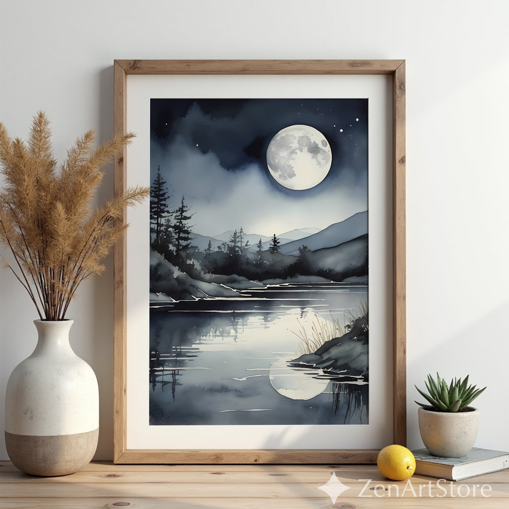 Moonlight Lake Watercolor Print - Night Sky Reflection Wall Art, Minimal Scandinavian Moon Landscape for Bedroom