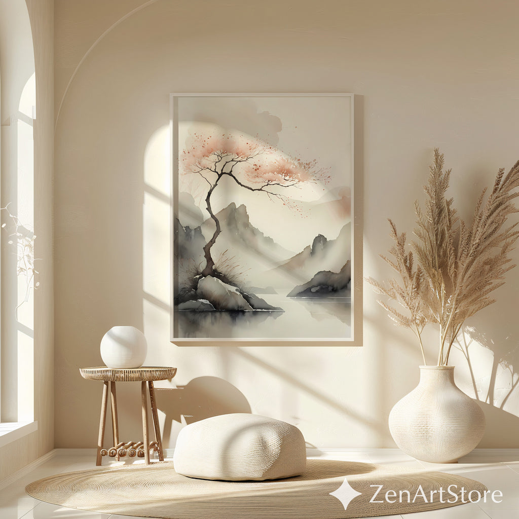 Serene Japandi Watercolor Landscape Print - Minimal Cherry Blossom Tree, Zen Wabi Sabi Wall Art for Living Room