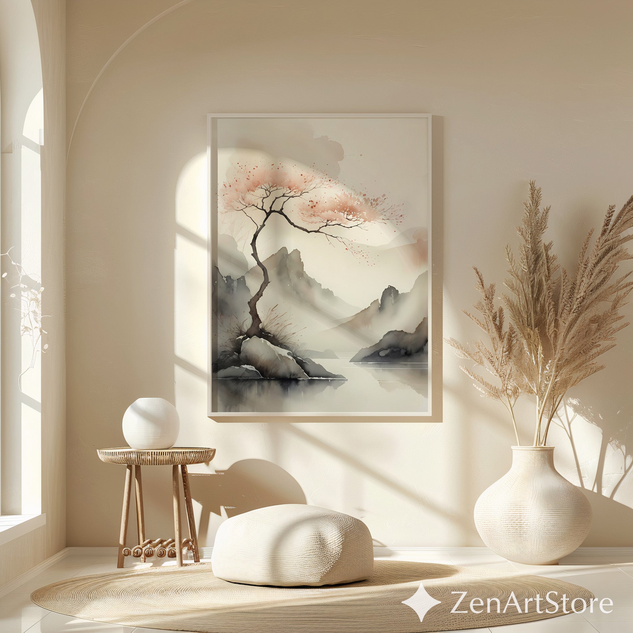 Serene Japandi Watercolor Landscape Print - Minimal Cherry Blossom Tree, Zen Wabi Sabi Wall Art for Living Room