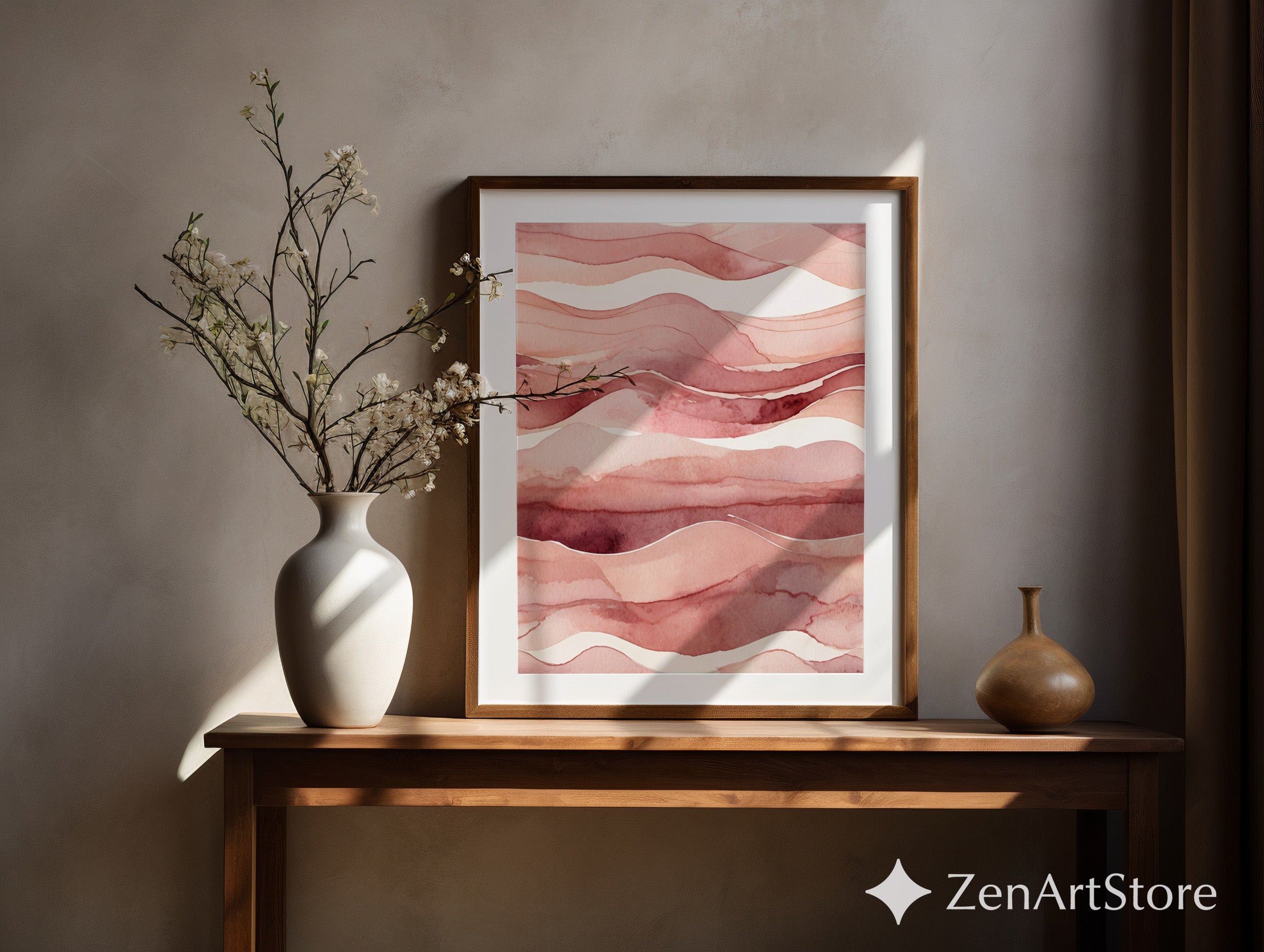 Blush Terracotta Watercolor Landscape Print - Abstract Pink Minimal Wall Art for Living Room, Bedroom, Nursery