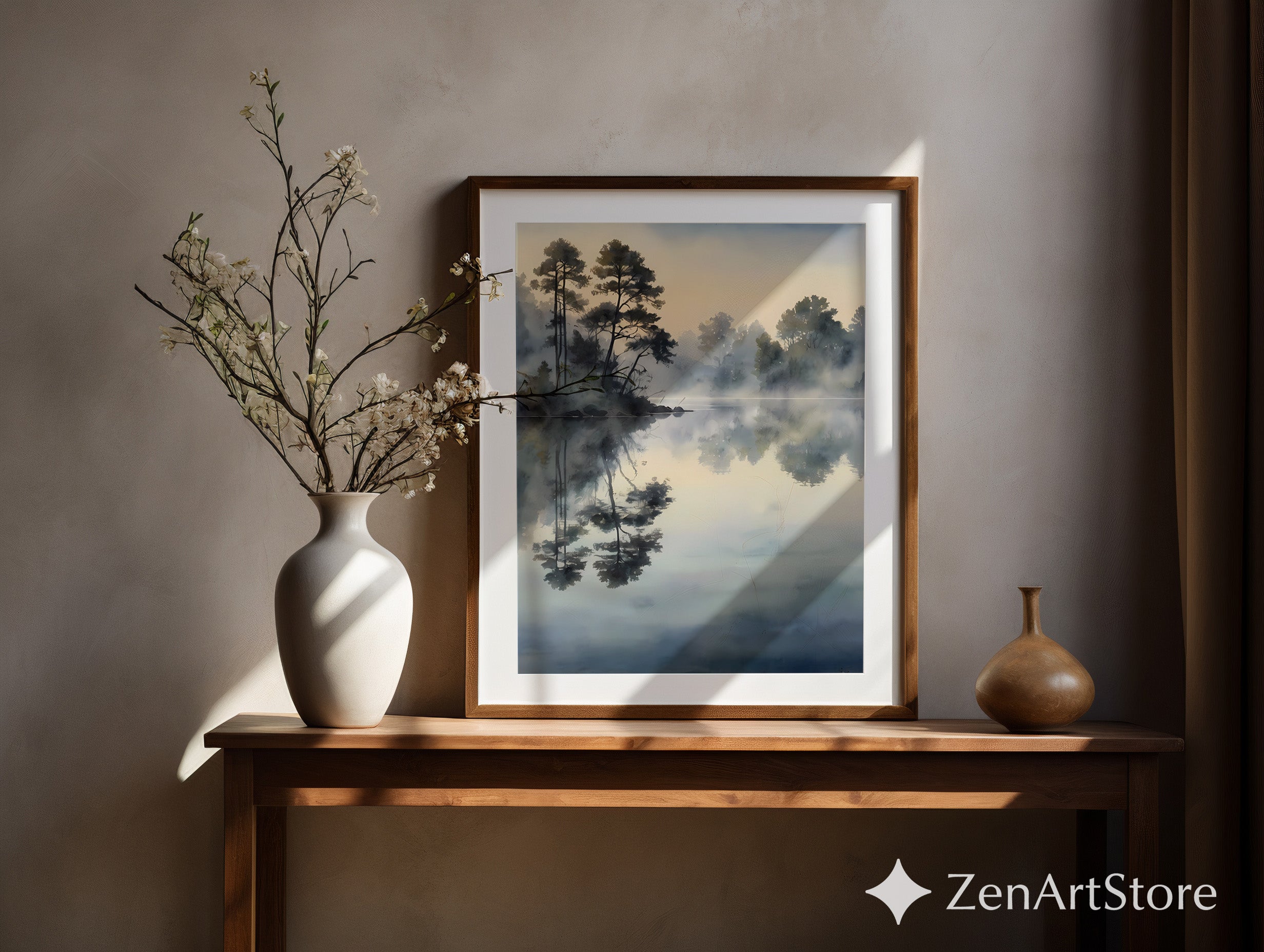 Misty Lake Reflection Watercolor Print - Calm Neutral Landscape Wall Art for Bedroom, Living Room, Japandi & Scandinavian Decor